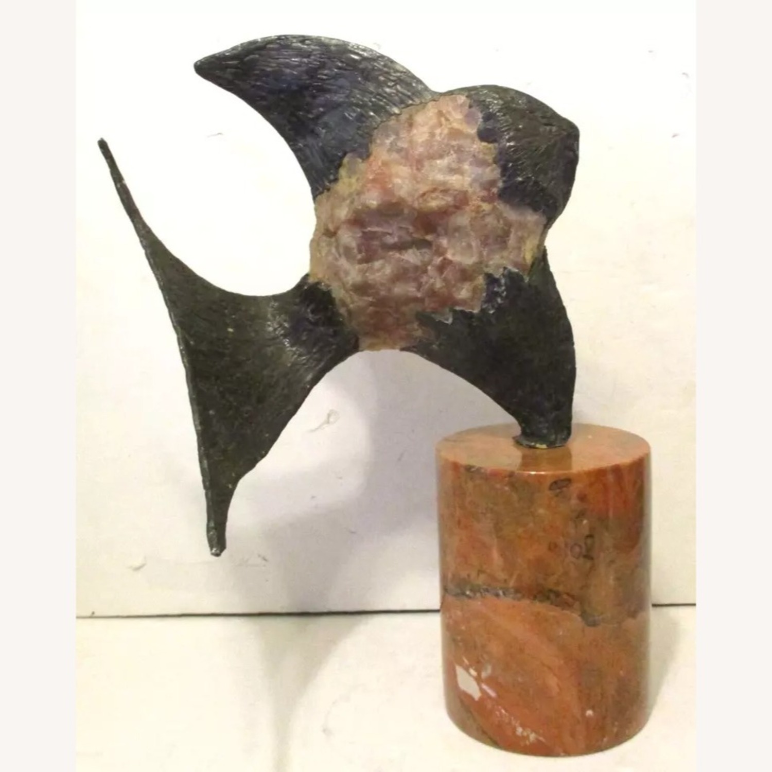 Brutalist Rose Quartz and Bronze Fish Sculpture - image-1