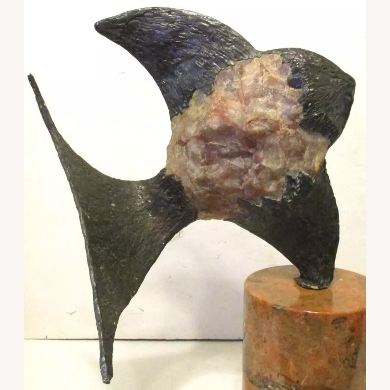 Brutalist Rose Quartz and Bronze Fish Sculpture - image-7