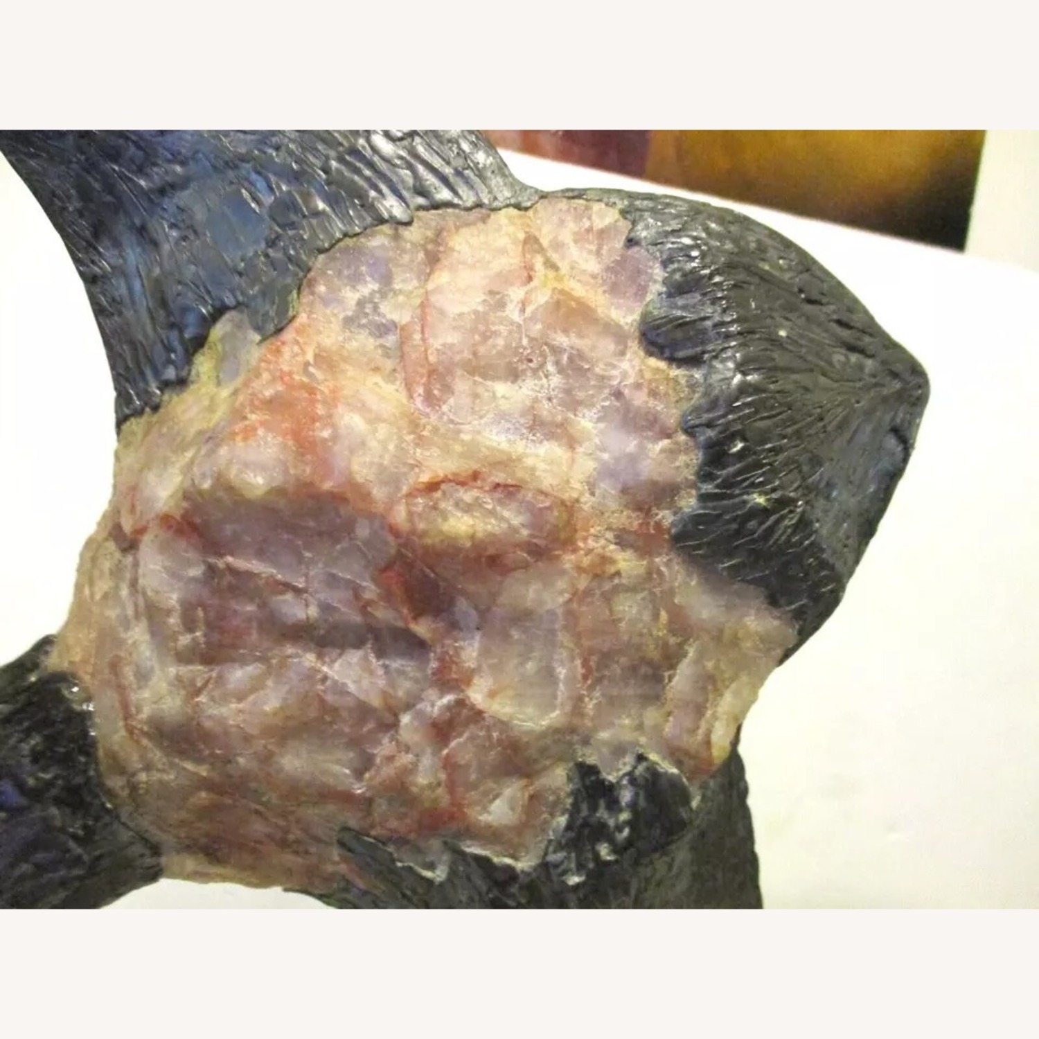 Brutalist Rose Quartz and Bronze Fish Sculpture - image-8