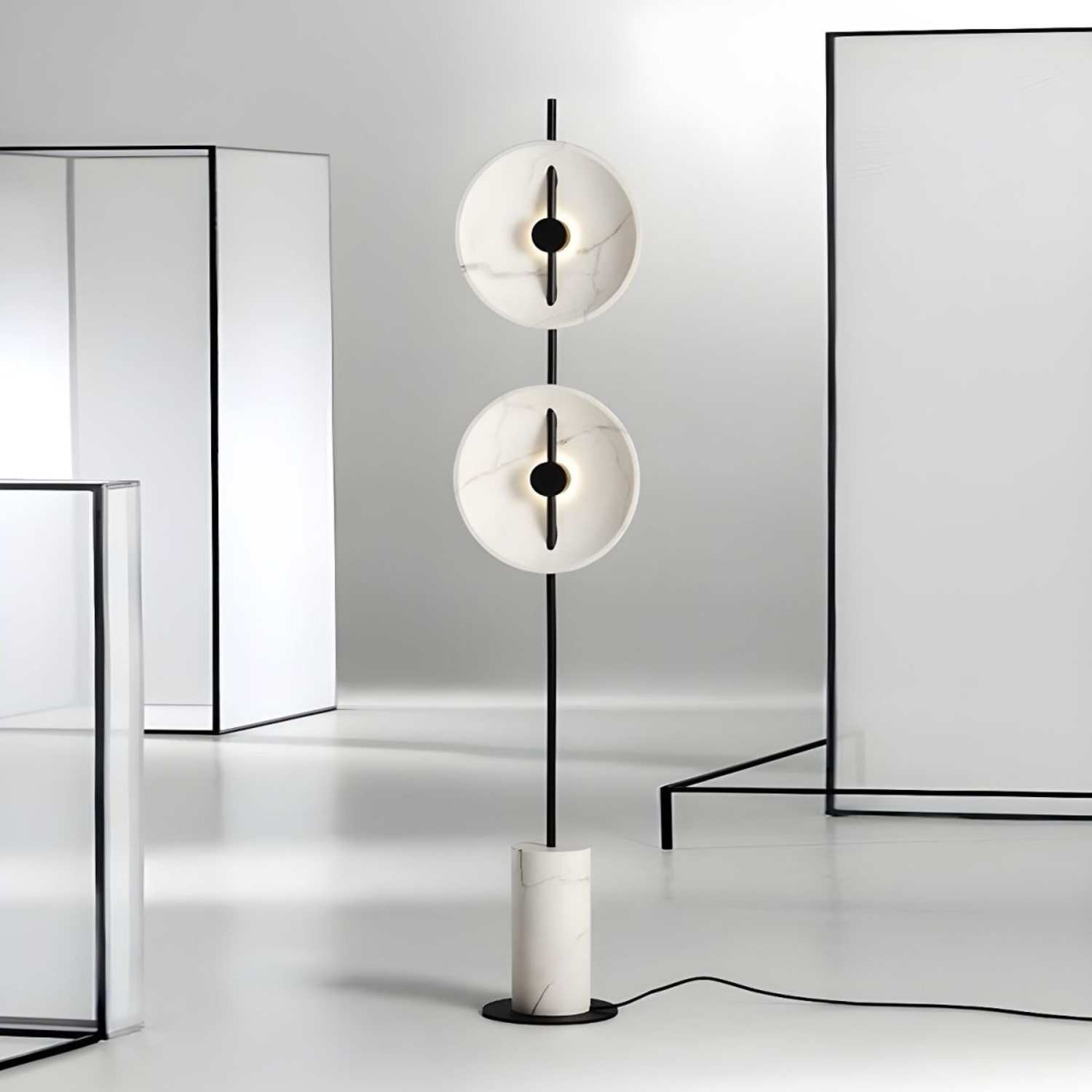 Flat Saucer Floor Lamp 2-Light Marble Floor Light - image-1