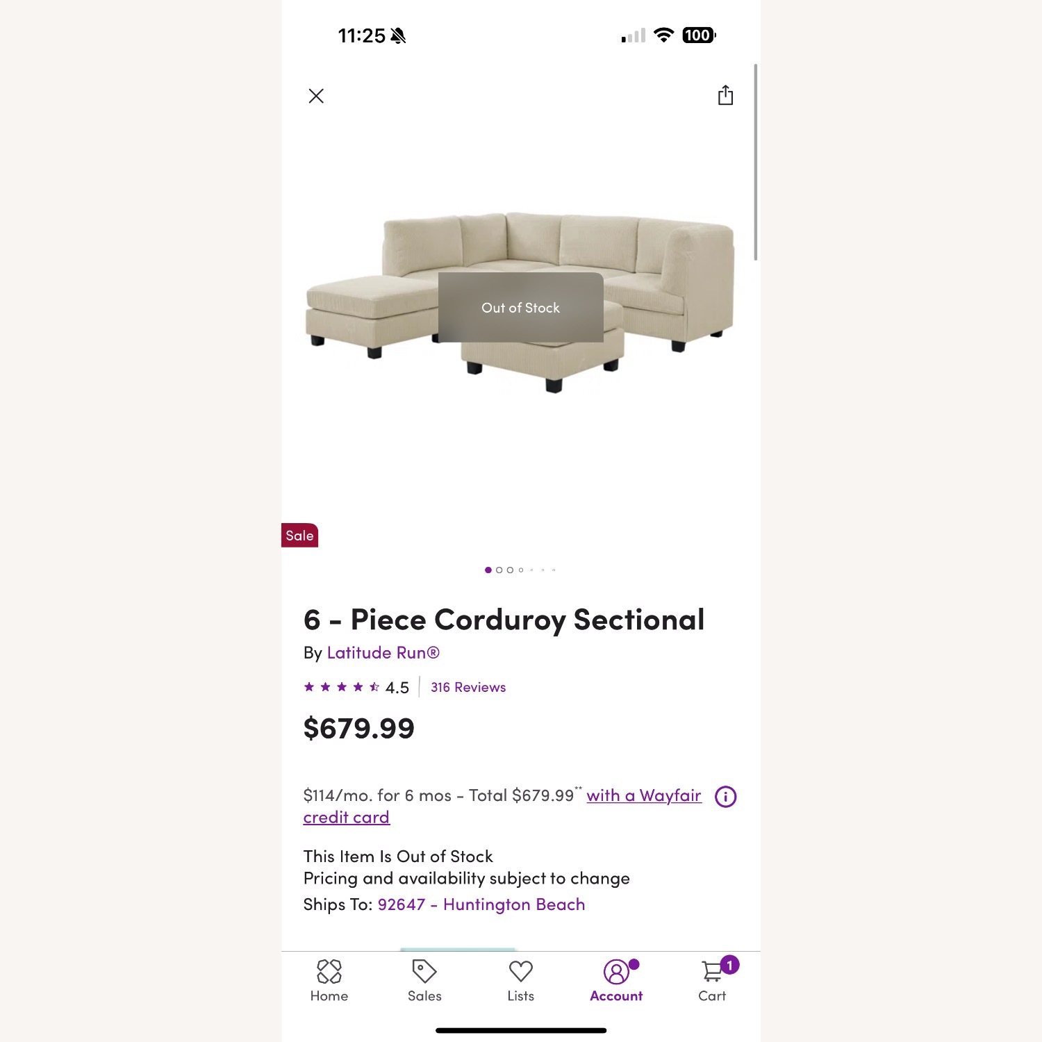 Wayfair Corduroy 6 Piece Beige U Couch - image-3