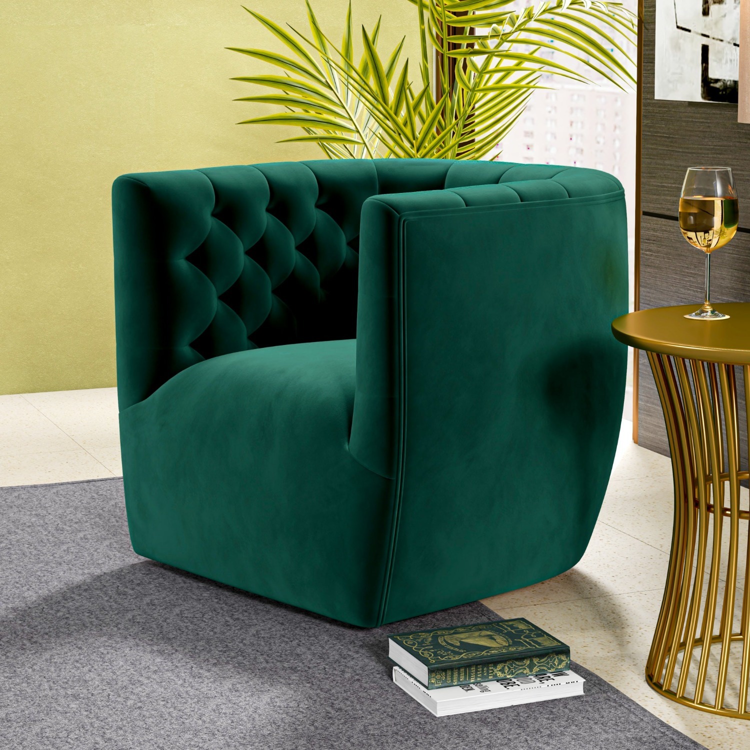 Lotte Forest Green Velvet Swivel Chair - image-1