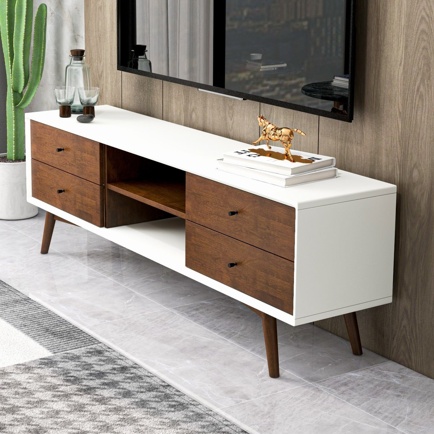 Noak Mid Century Modern Style White TV Stand - image-7