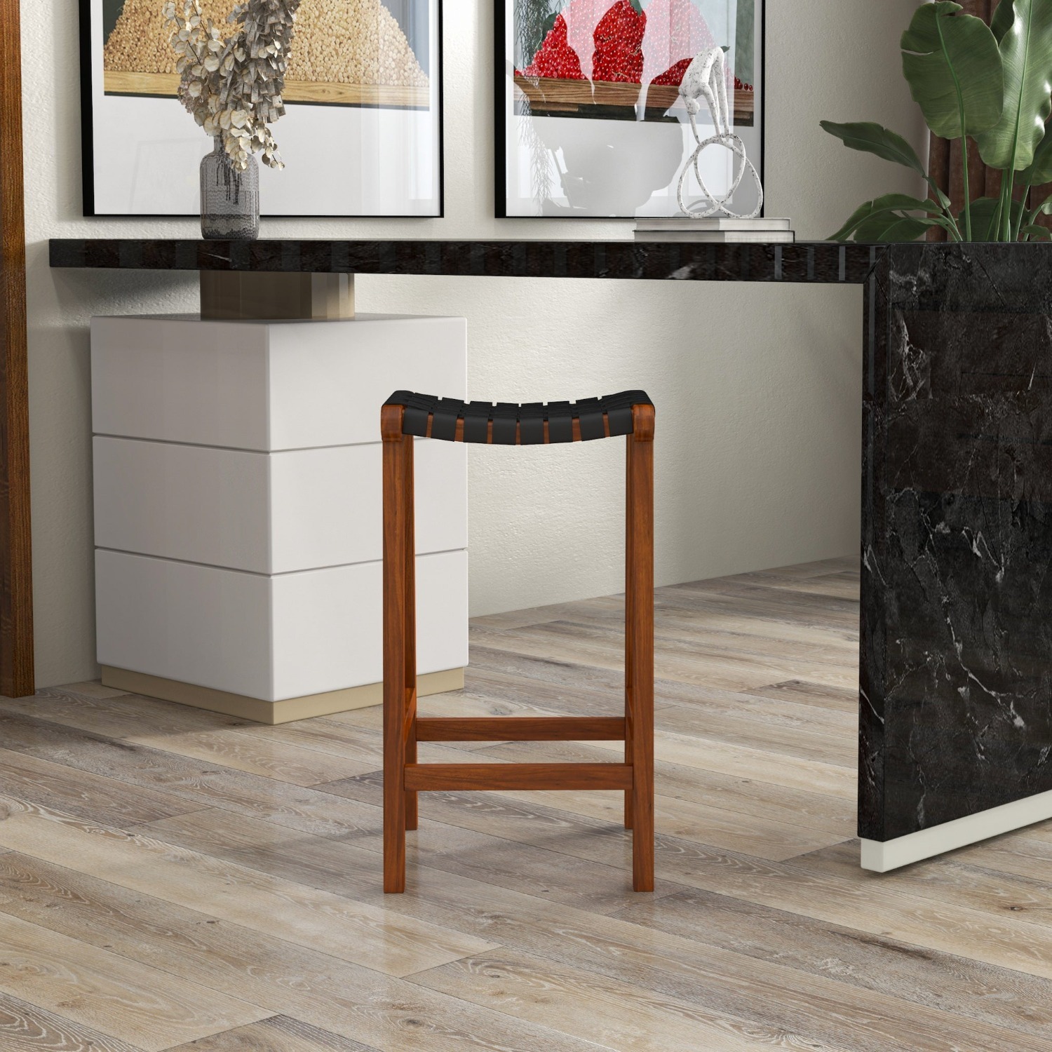 Andaman Black Leather Bar Stool - image-1