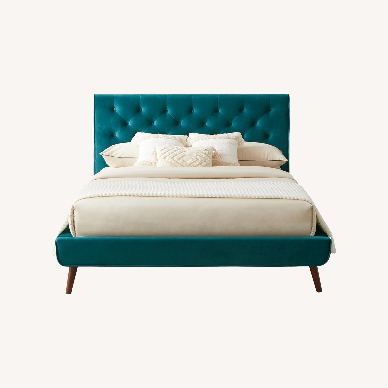 Ashley Queen Turquoise Velvet Platform Bed - image-0