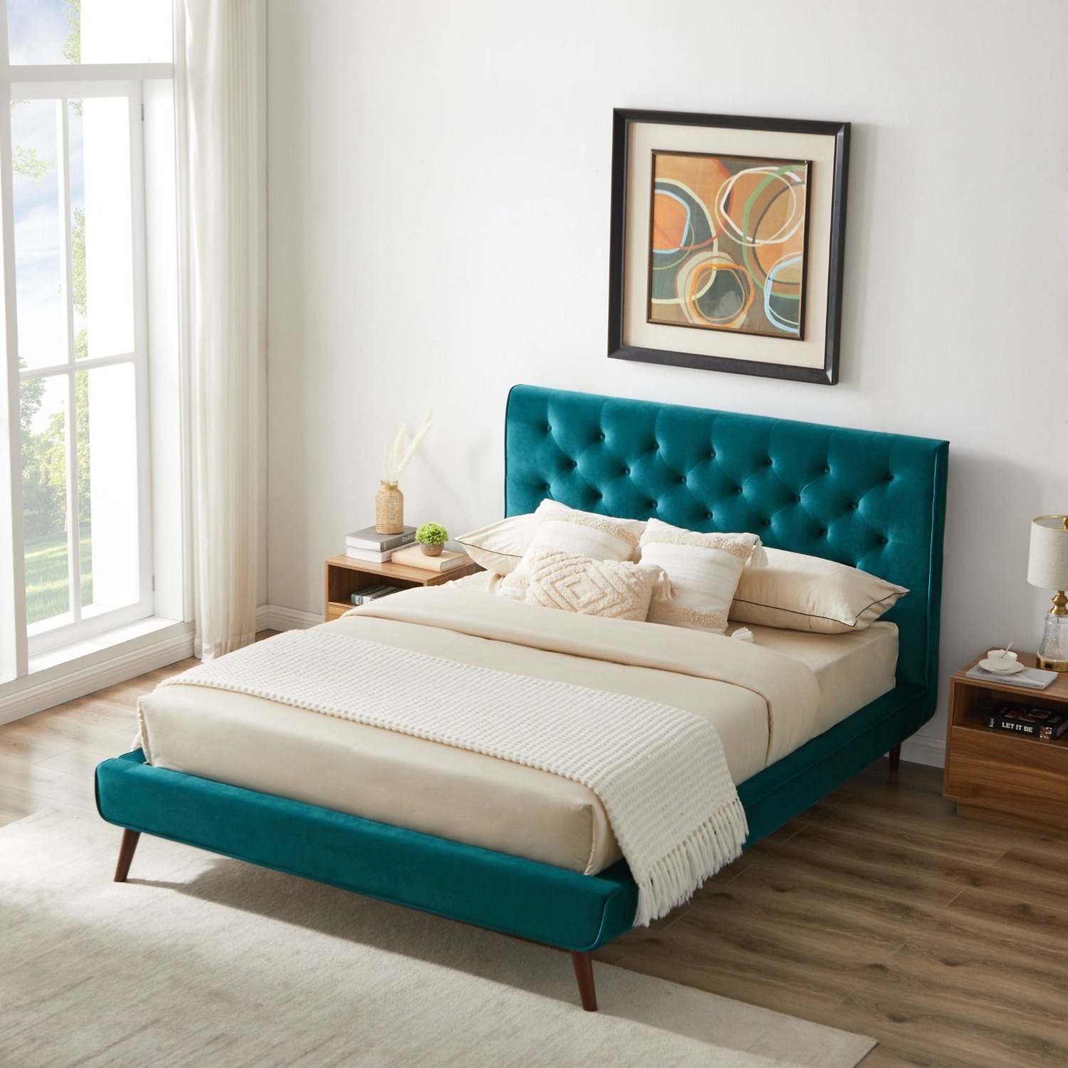 Ashley Queen Turquoise Velvet Platform Bed - image-3