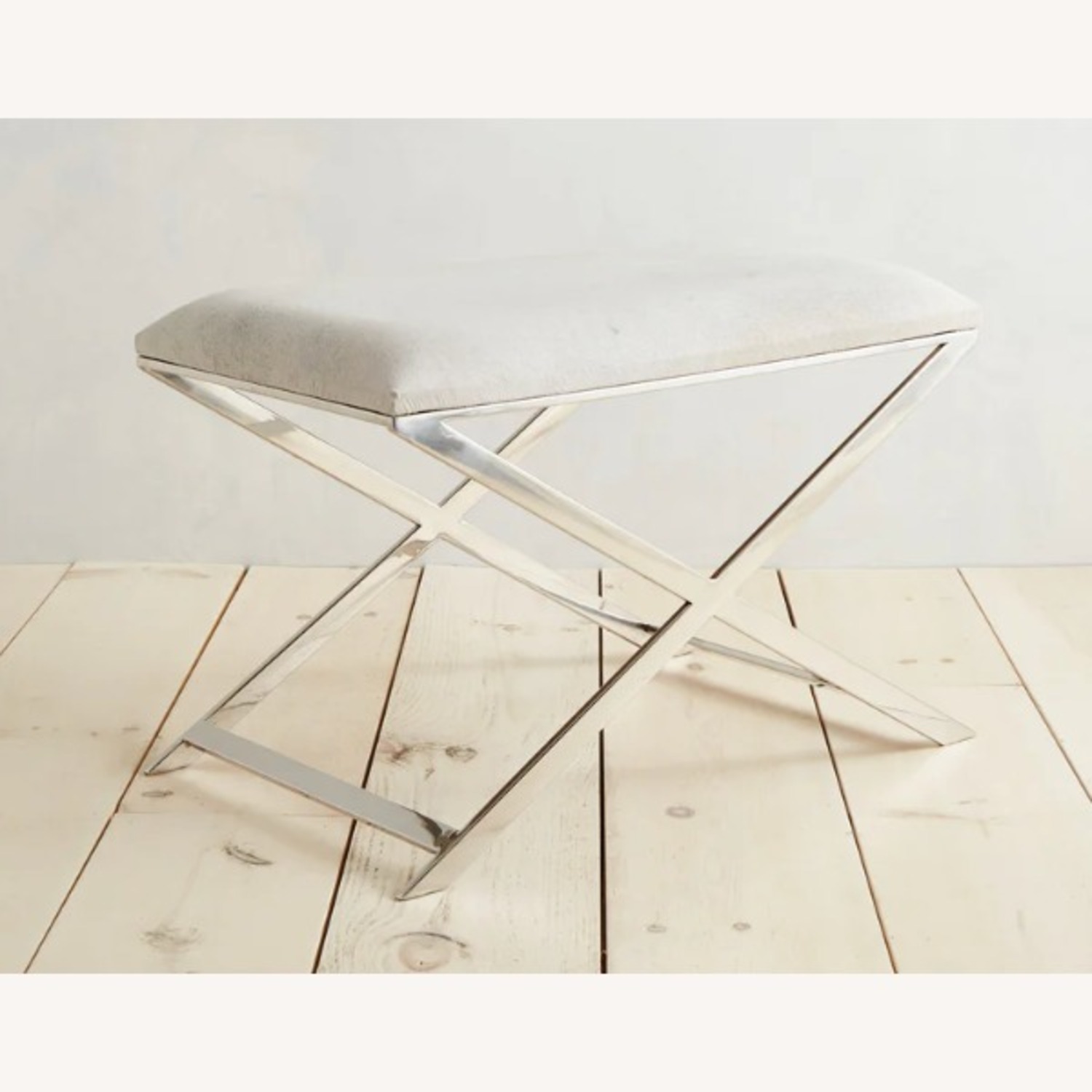 Light Grey Hide Bench Ottoman W Metal Base - image-2