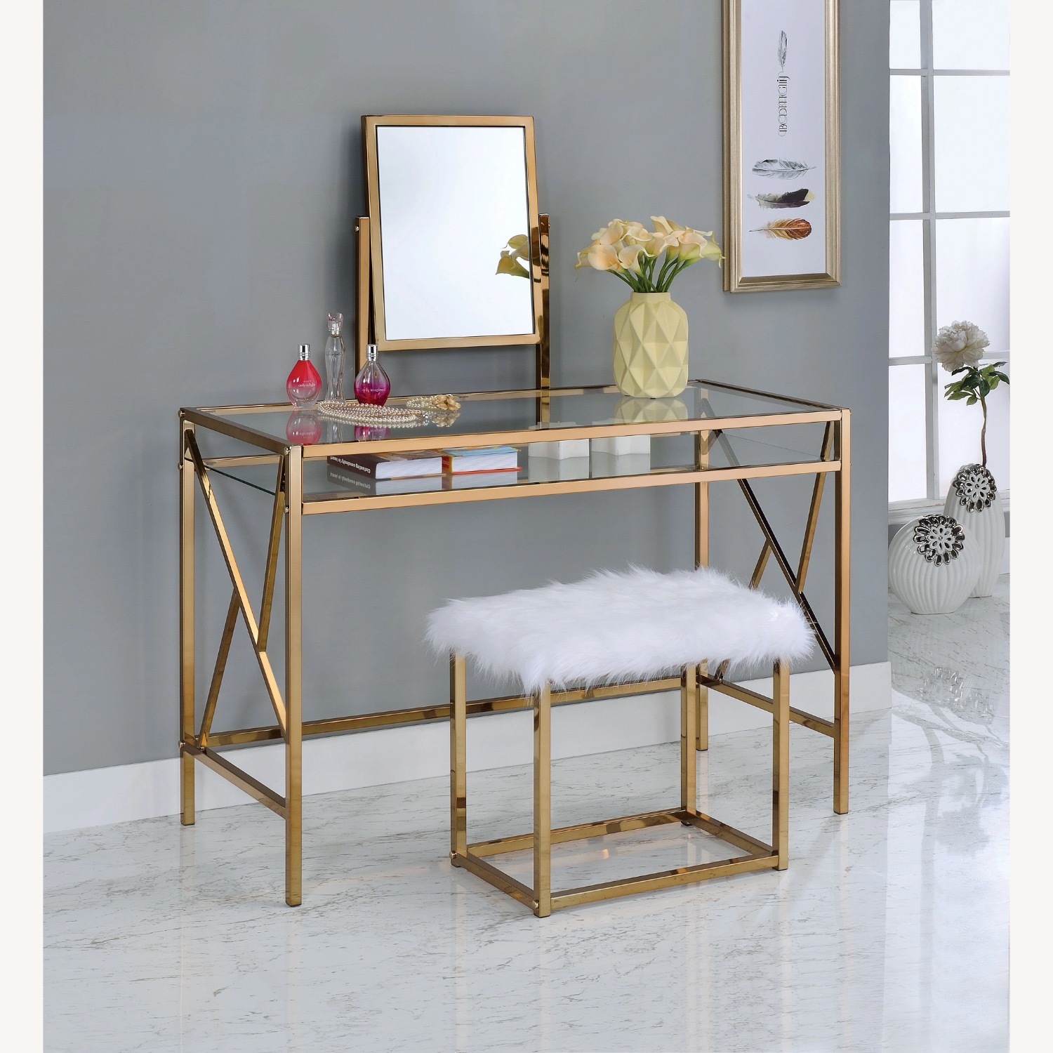 Walmart Kofun Vanity Set with Stool and Mirror Champagne Color - image-1