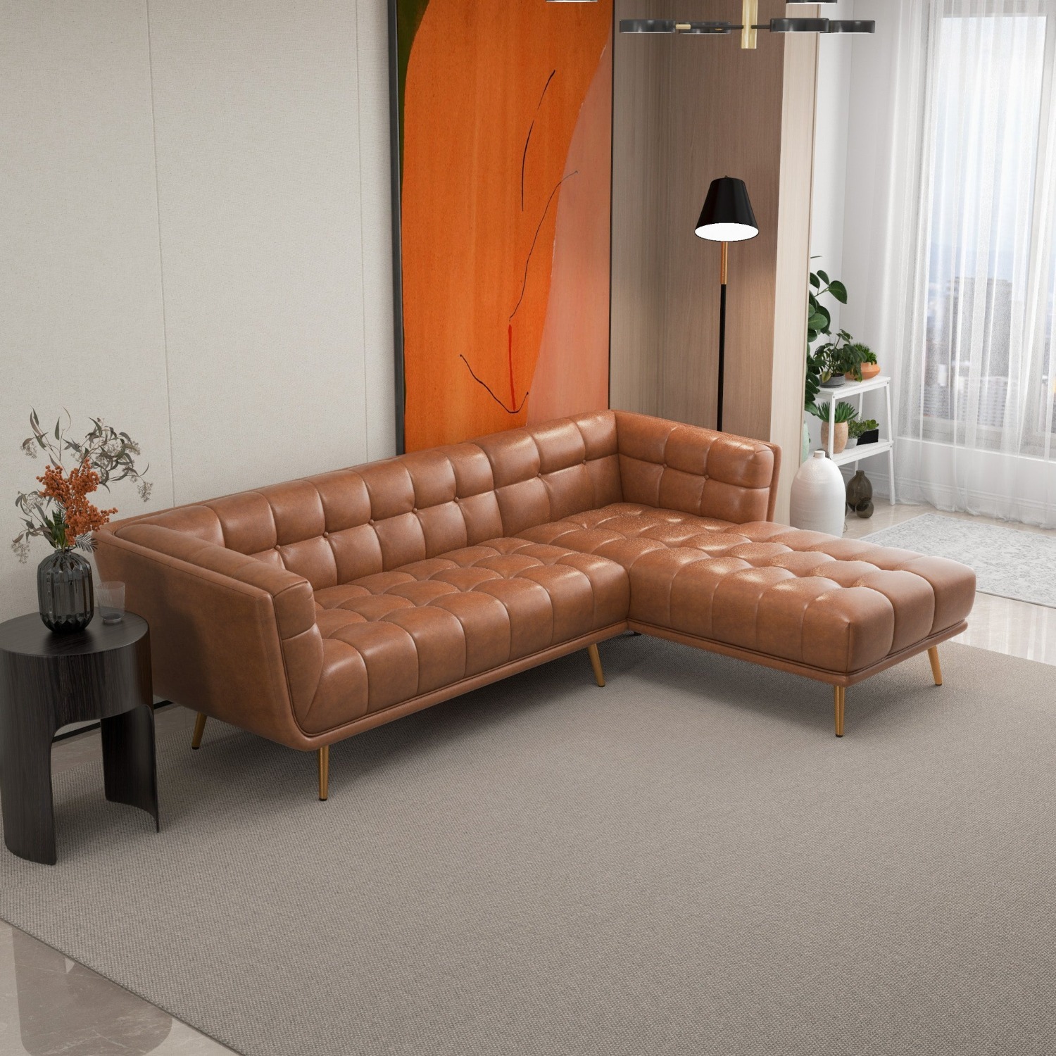 Kano Cognac Leather Sectional Sofa Right Facing - image-2