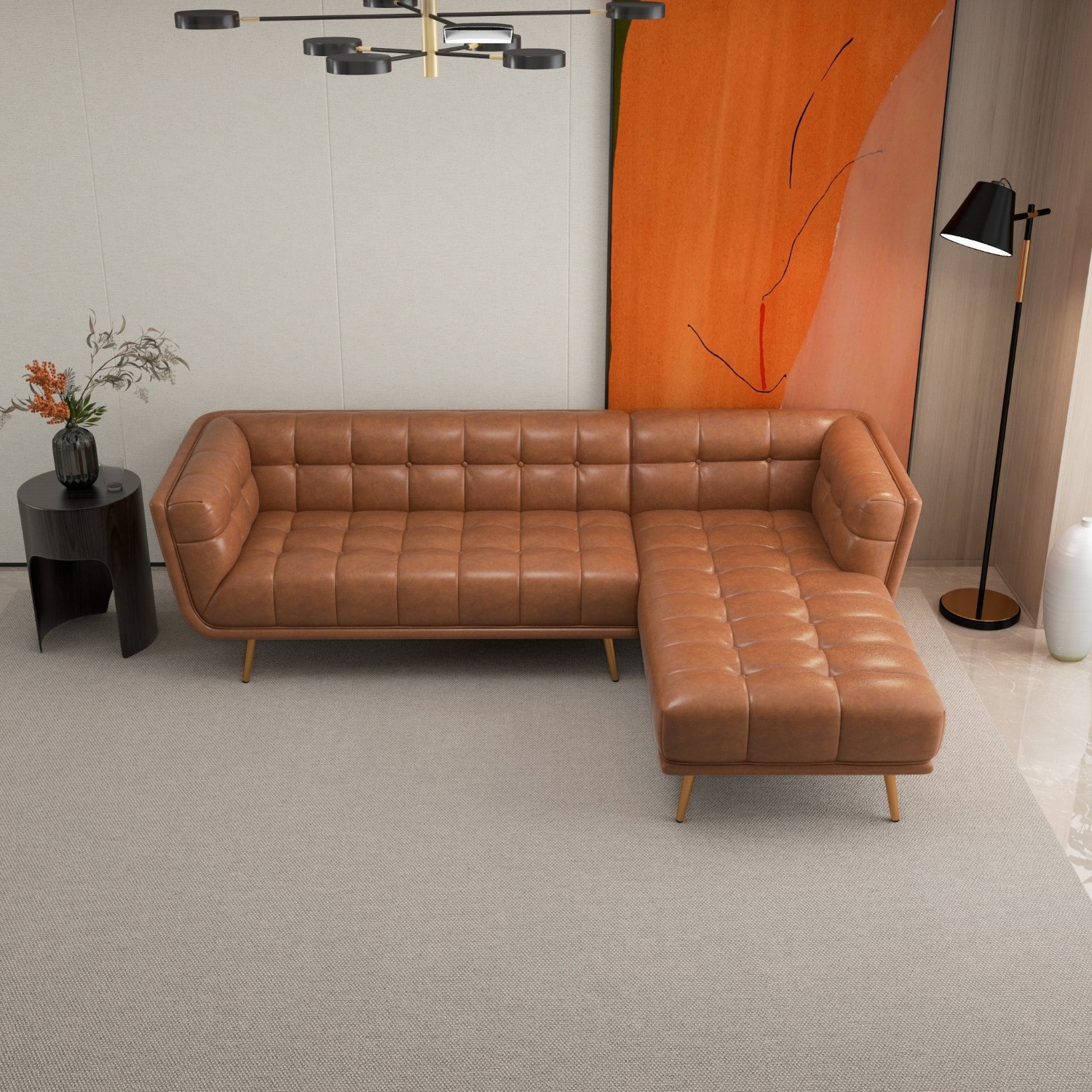 Kano Cognac Leather Sectional Sofa Right Facing - image-4