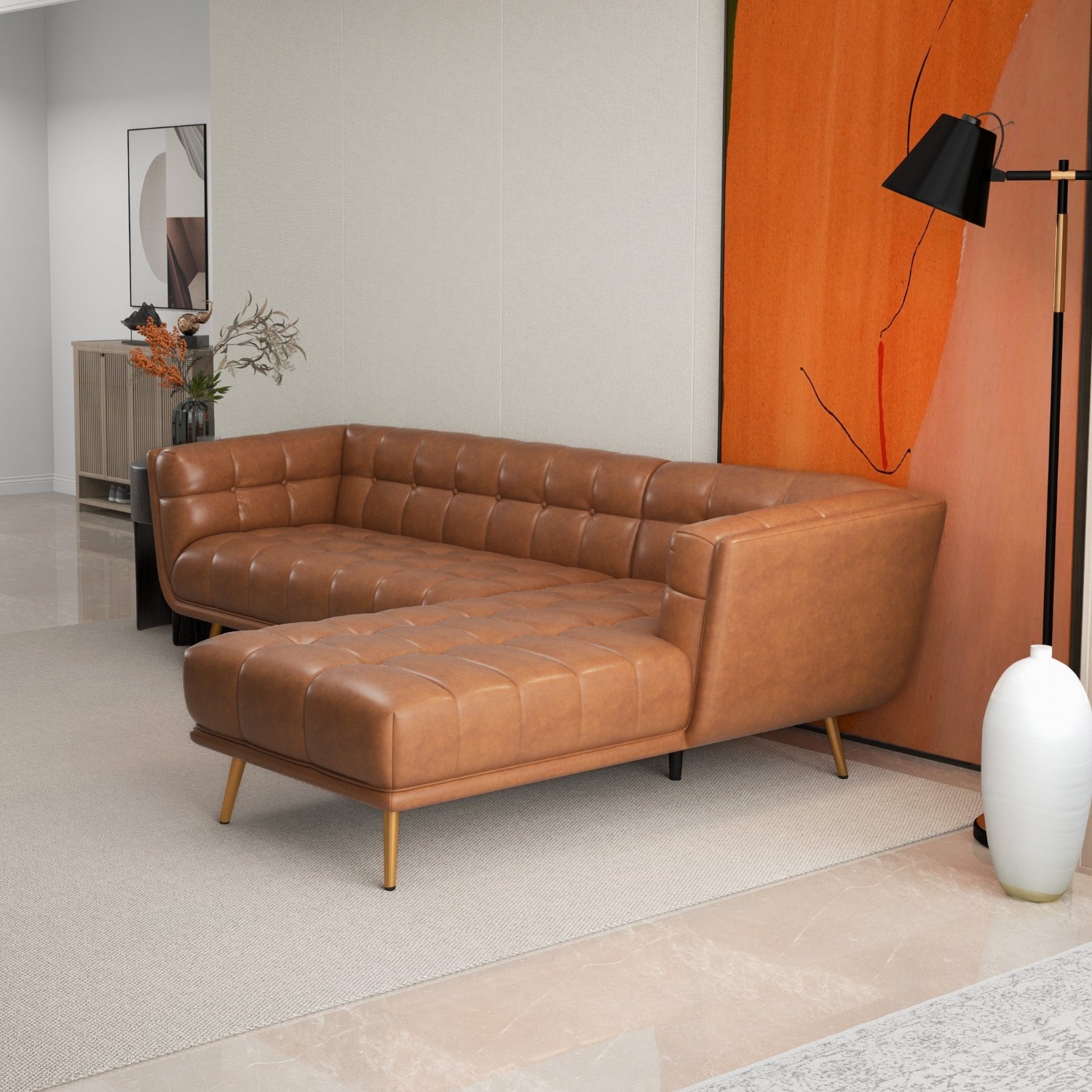 Kano Cognac Leather Sectional Sofa Right Facing - image-3