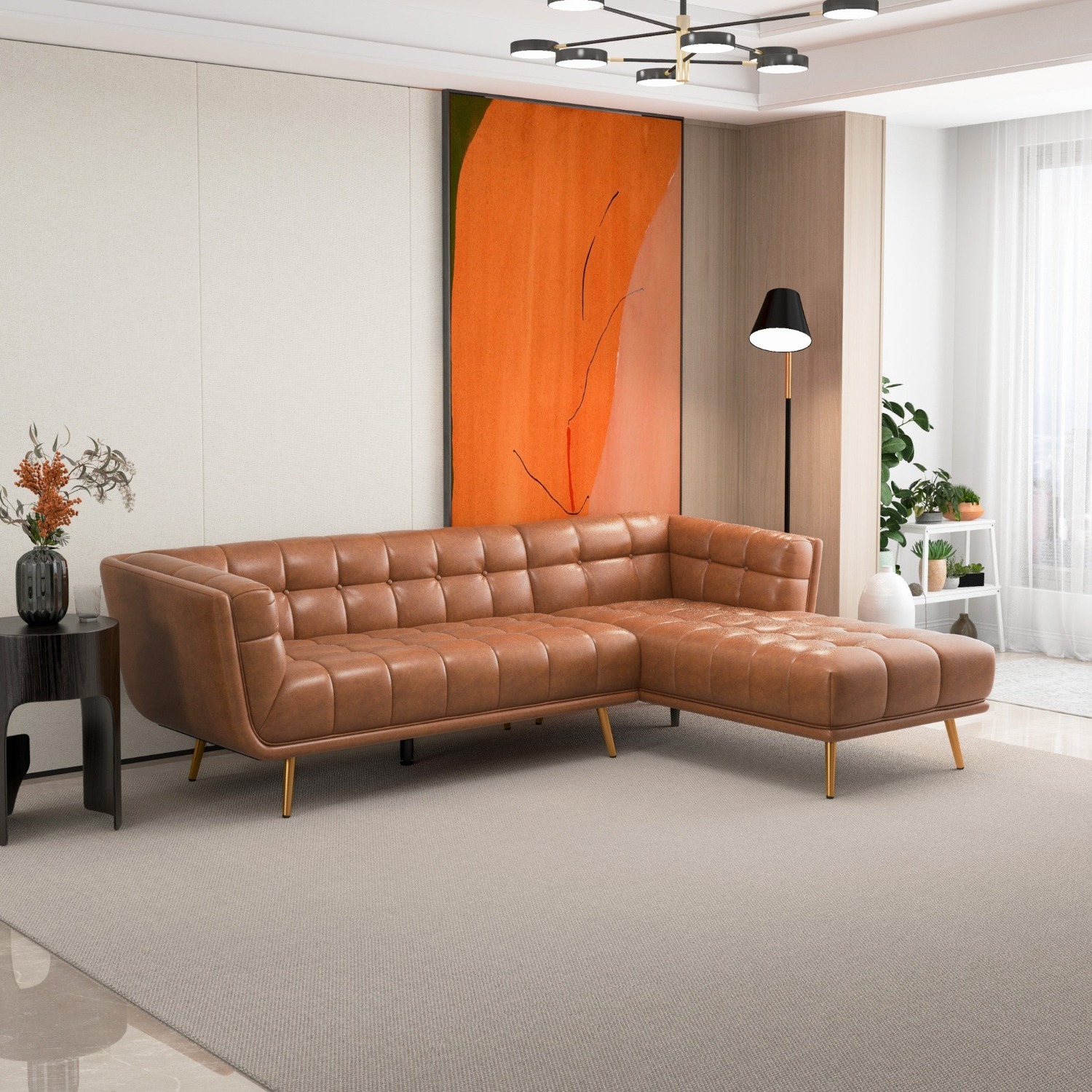 Kano Cognac Leather Sectional Sofa Right Facing - image-5