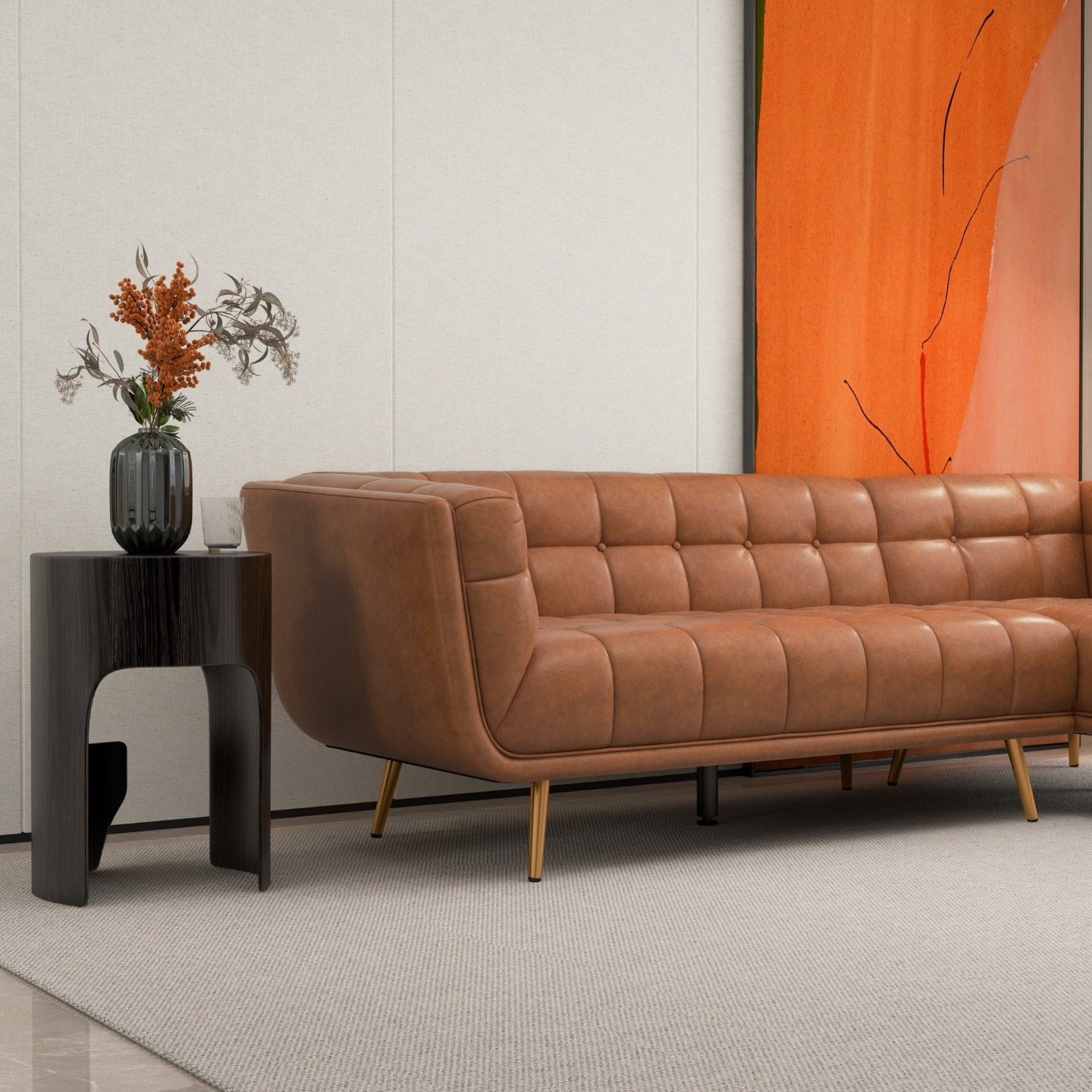 Kano Cognac Leather Sectional Sofa Right Facing - image-1