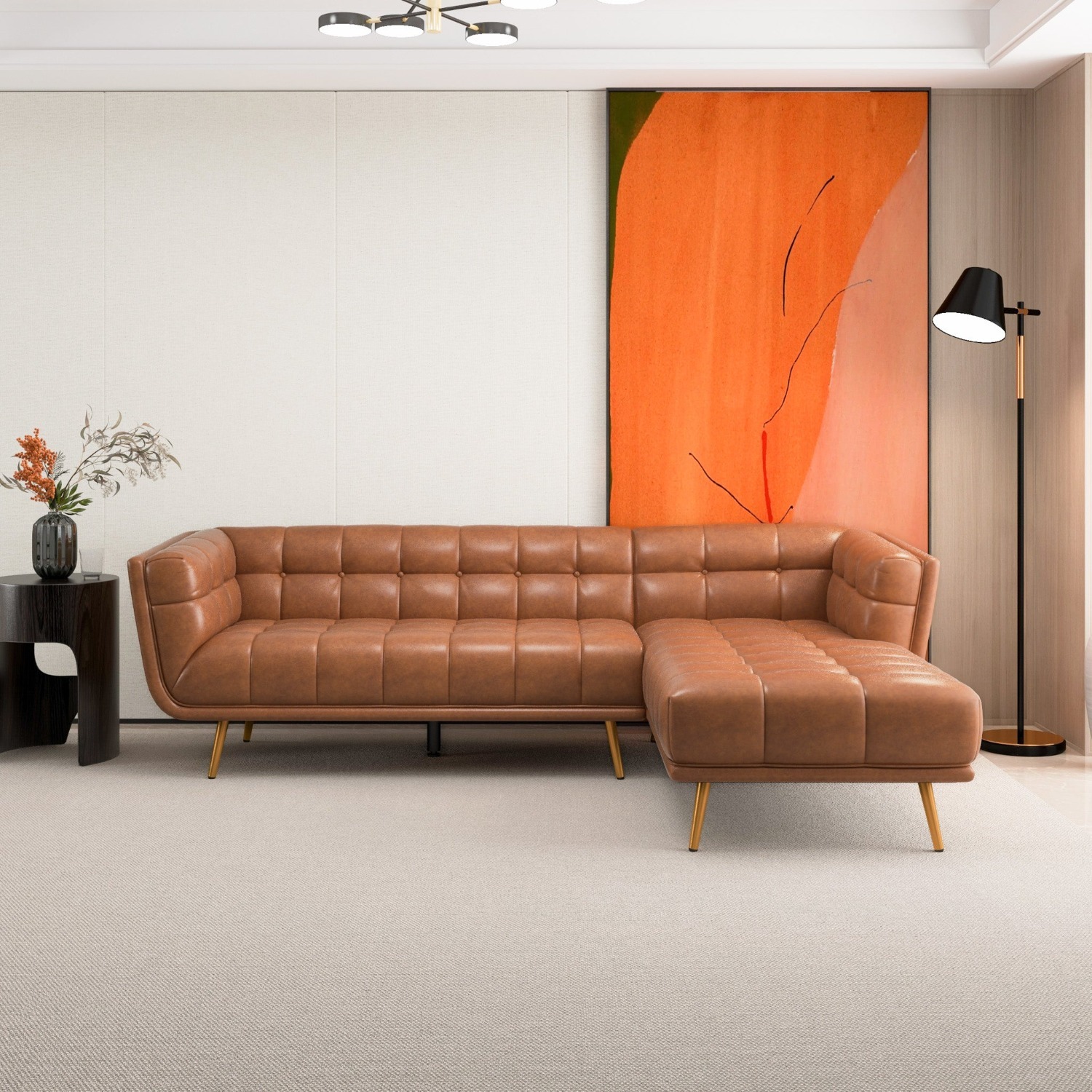 Kano Cognac Leather Sectional Sofa Right Facing - image-7