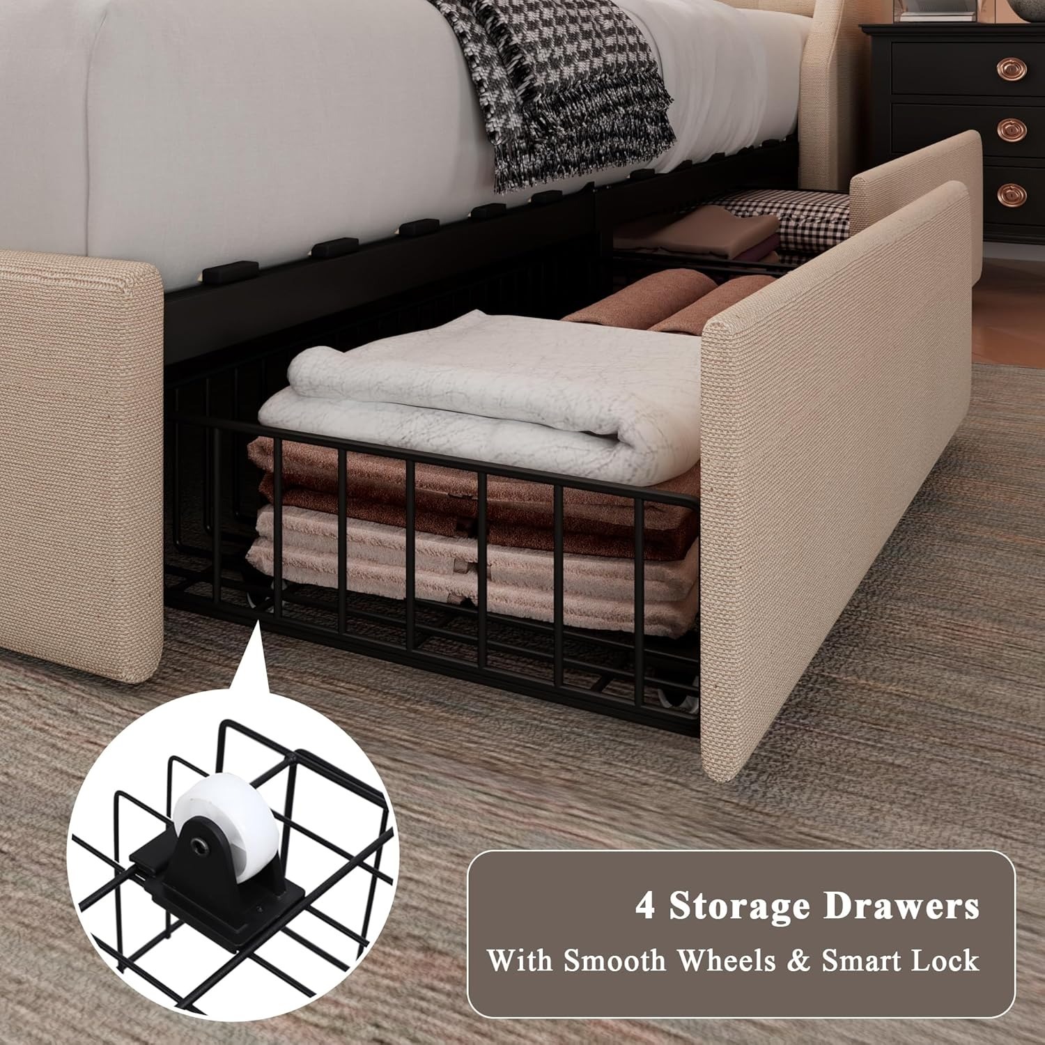Feonase Upholstered Queen Bed Frame with 4 Storage Drawers - image-3
