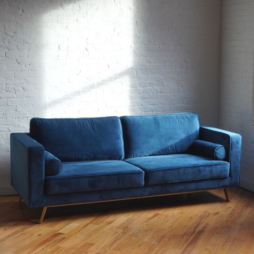 Used Comfy Mid Century Modern Sofa - Blue Velvet for sale on AptDeco