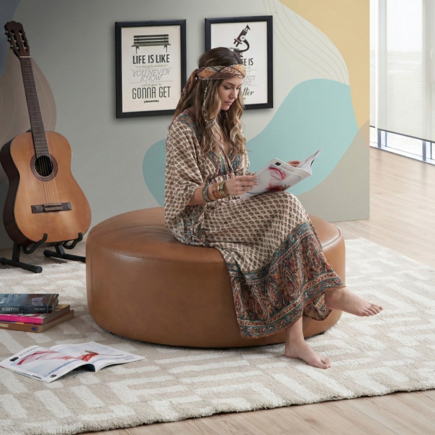 Rochelle Tan Leather Ottoman - image-4