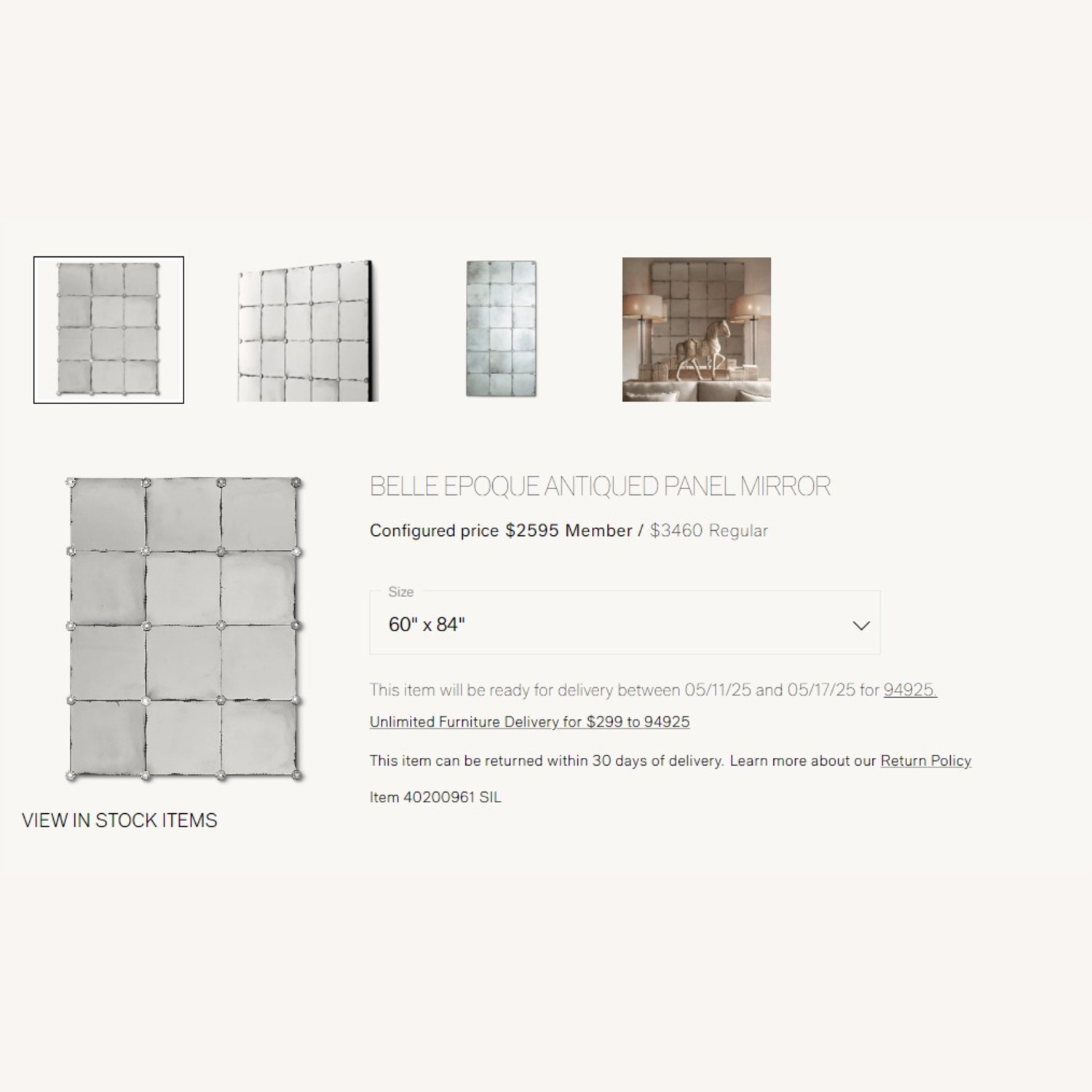 Restoration Hardware Belle Epoque Antiqued Panel Mirror - image-1