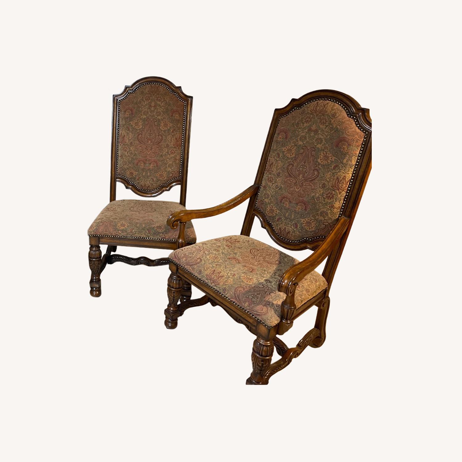 Wood and Fabric Pattern Chairs - image-0