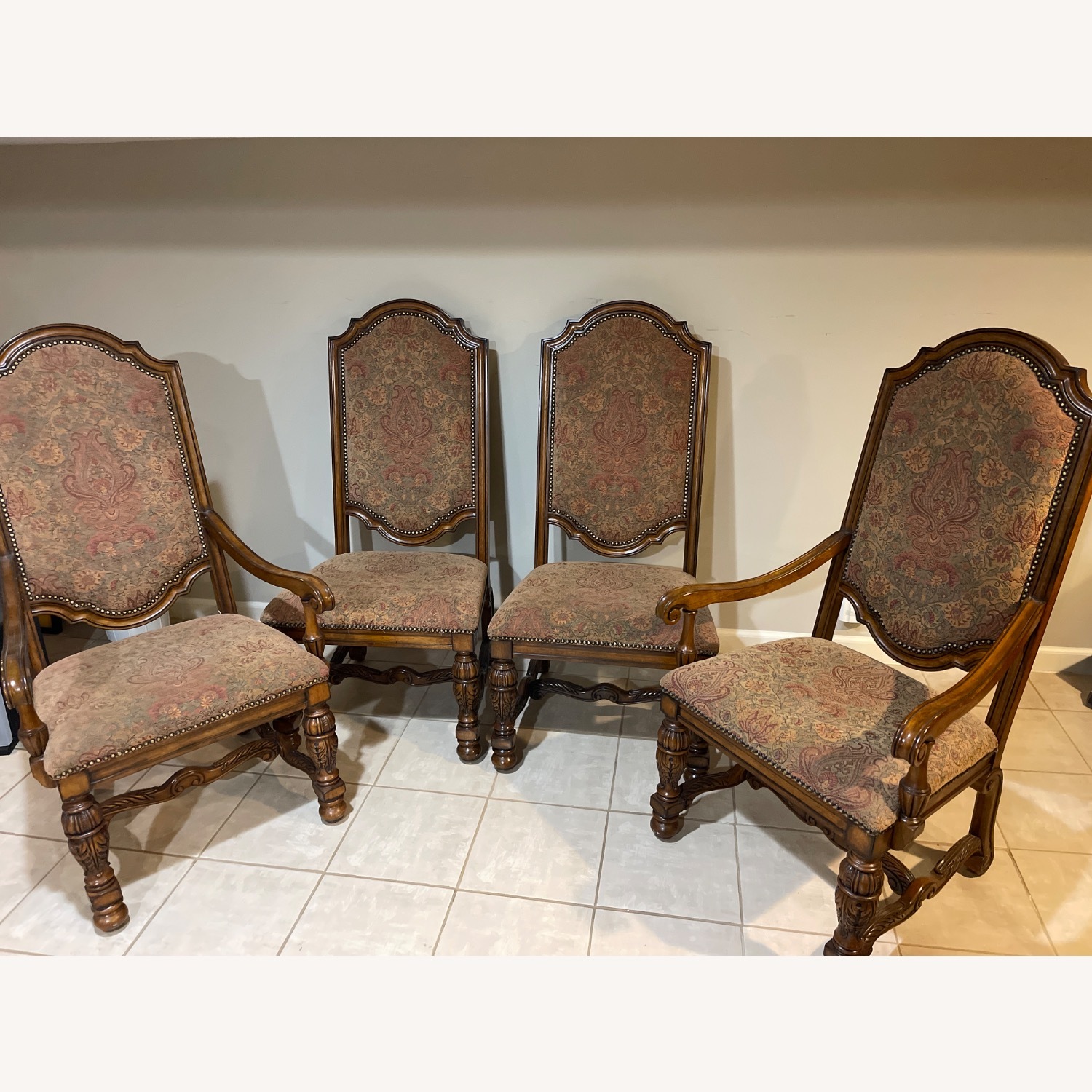 Wood and Fabric Pattern Chairs - image-1