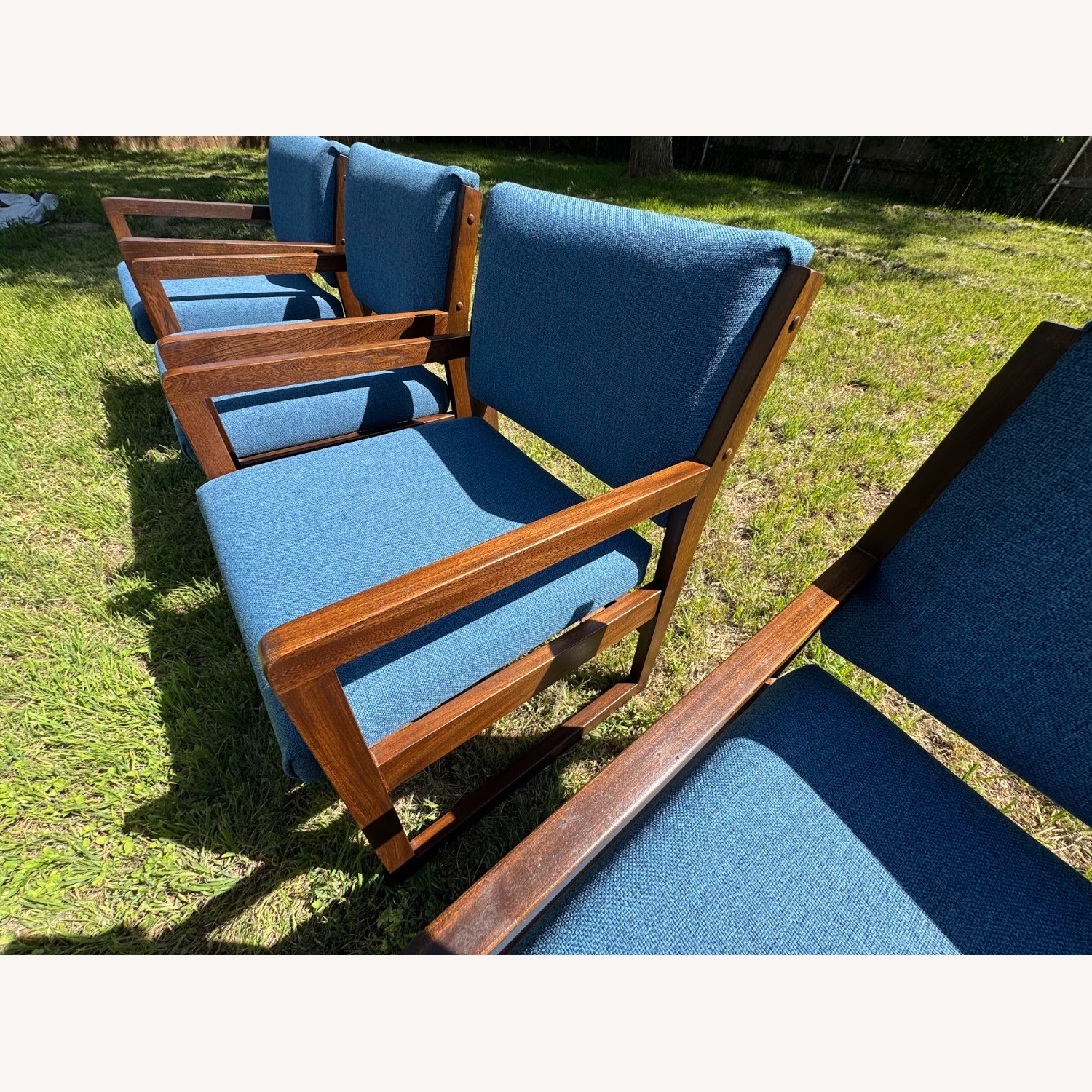 MCM Wood and Blue Chairs - image-1