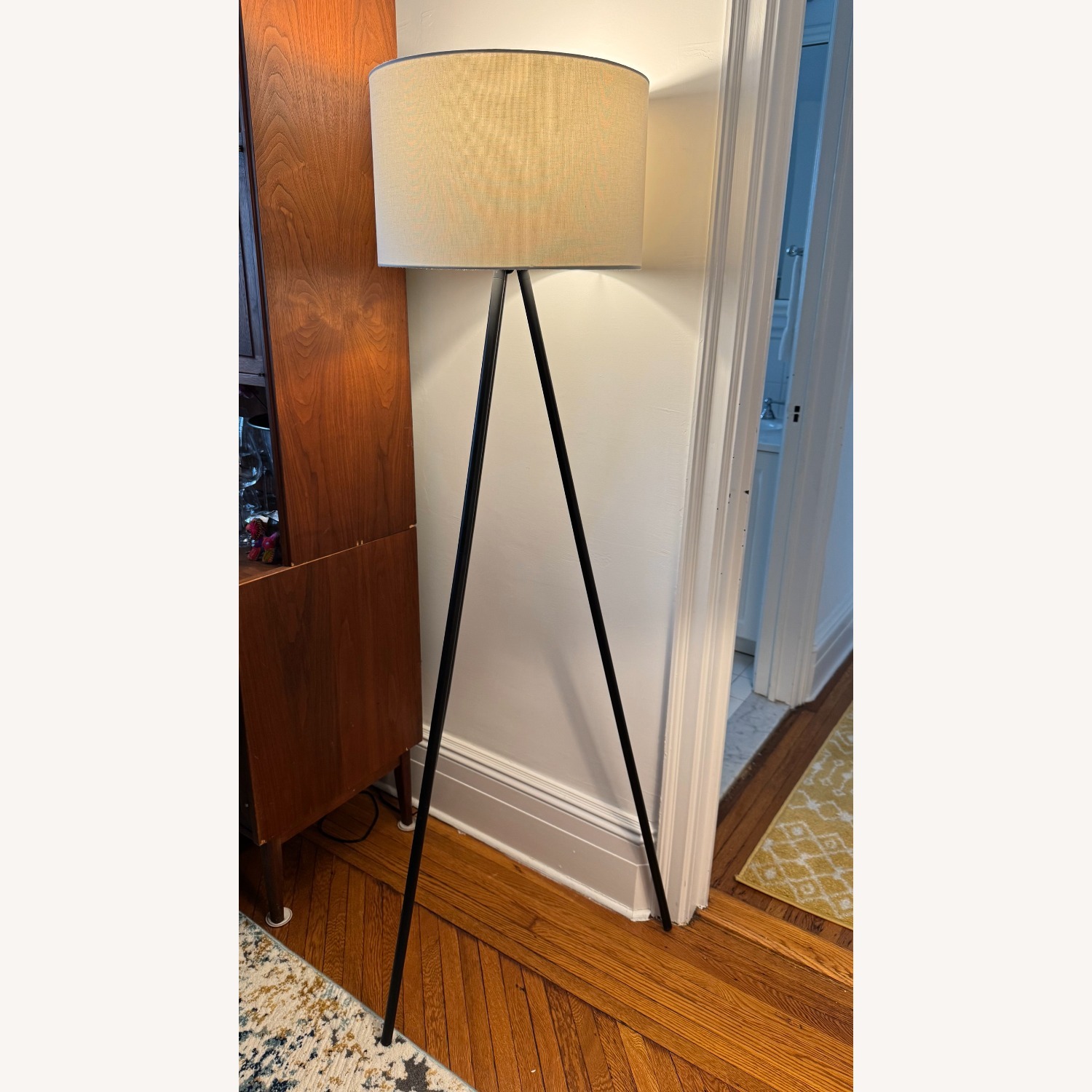 Bloomingdale's Cresswell Floor Lamp Set Tripod Black Metal White Drum Shade - image-1