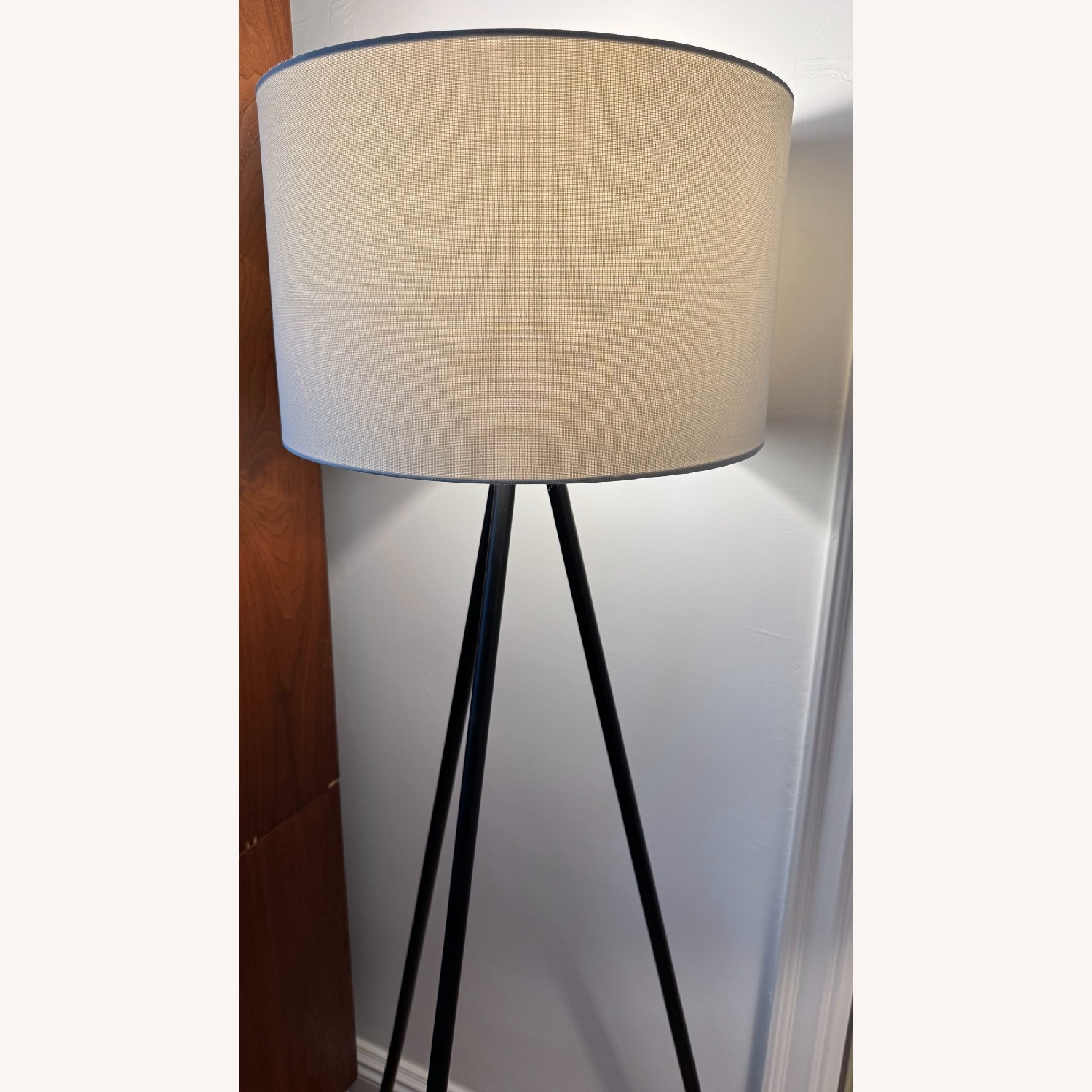 Bloomingdale's Cresswell Floor Lamp Set Tripod Black Metal White Drum Shade - image-2
