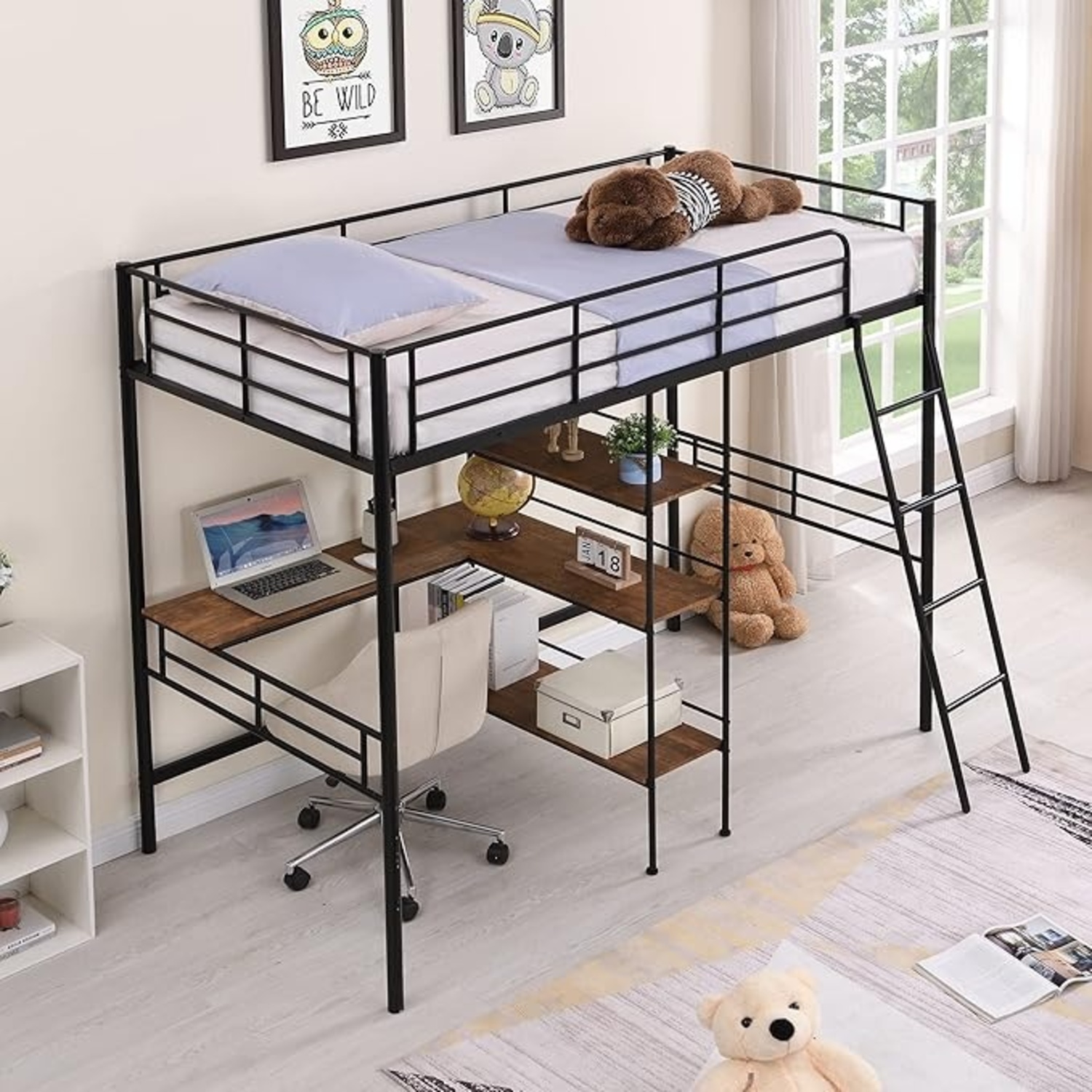 Twin Size Loft Bed with Built-in Desk and Shelves - image-6