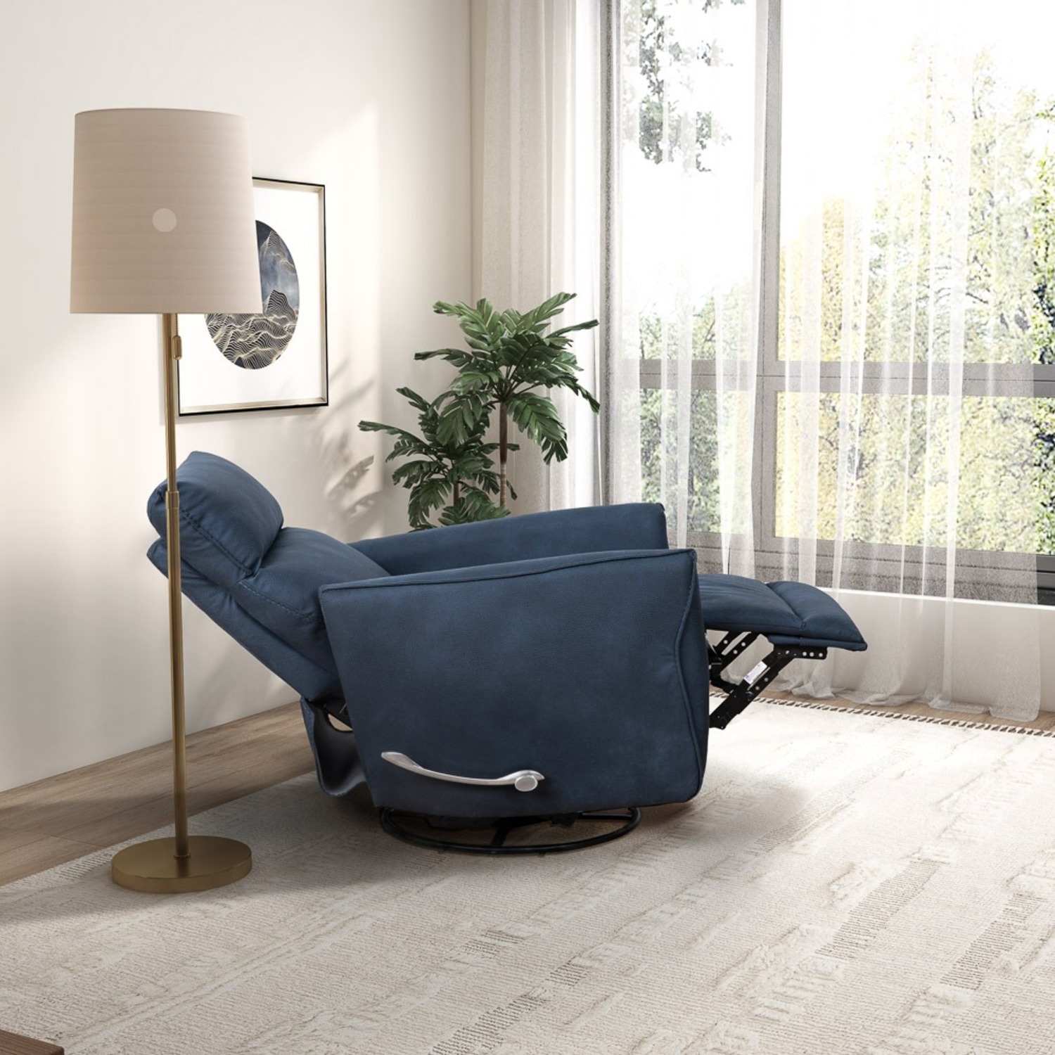 Bandera Swivel Glider Recliner Chair Blue Suede - image-1