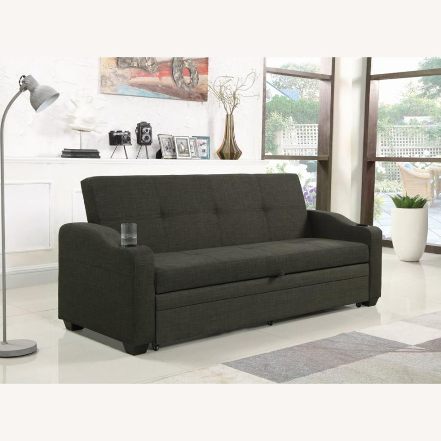 Sofa Bed In Charcoal Grey Fabric W Sleeper - image-8