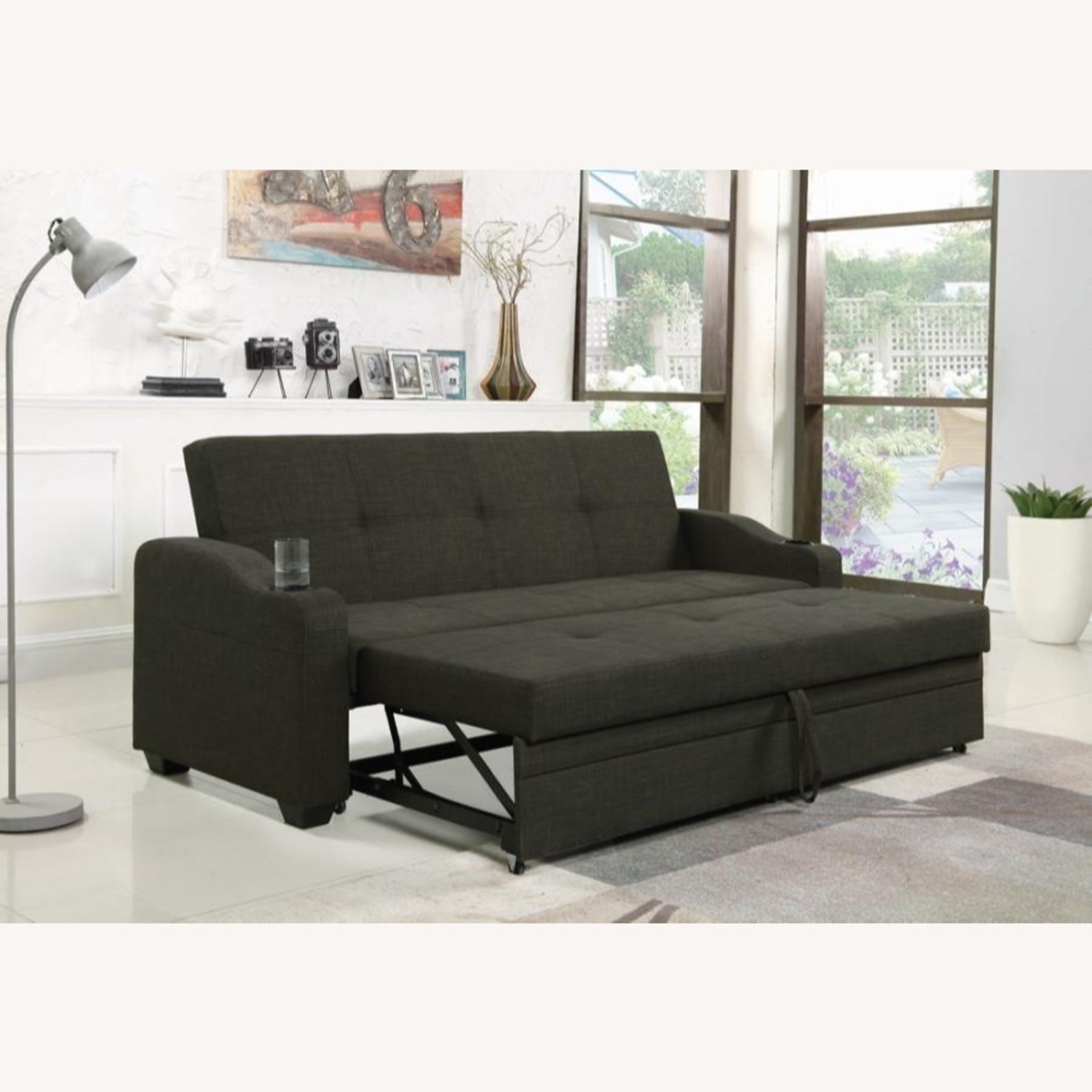 Sofa Bed In Charcoal Grey Fabric W Sleeper - image-11