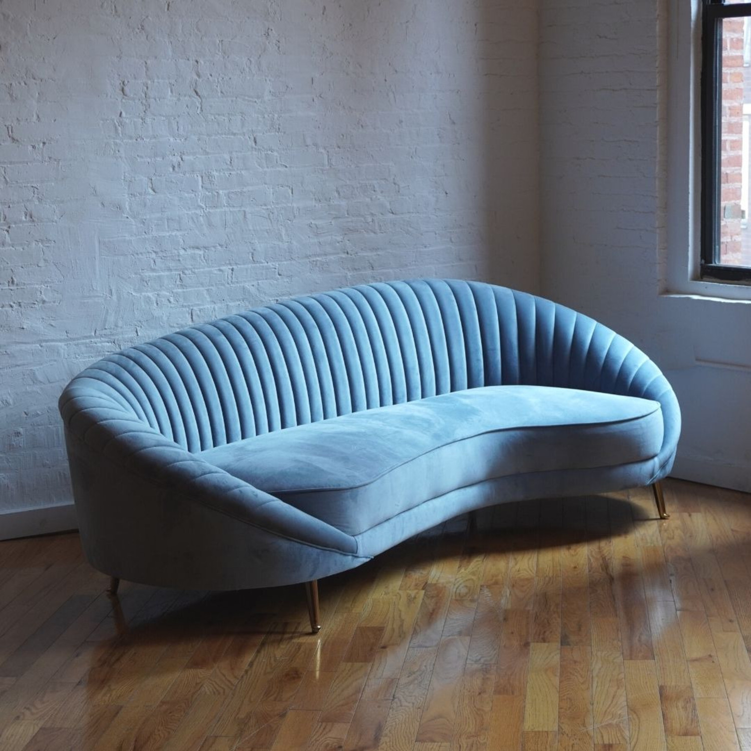 Brooklyn Space Monroe Curved Art Deco Modern Sofa in Light Blue Velvet - image-2