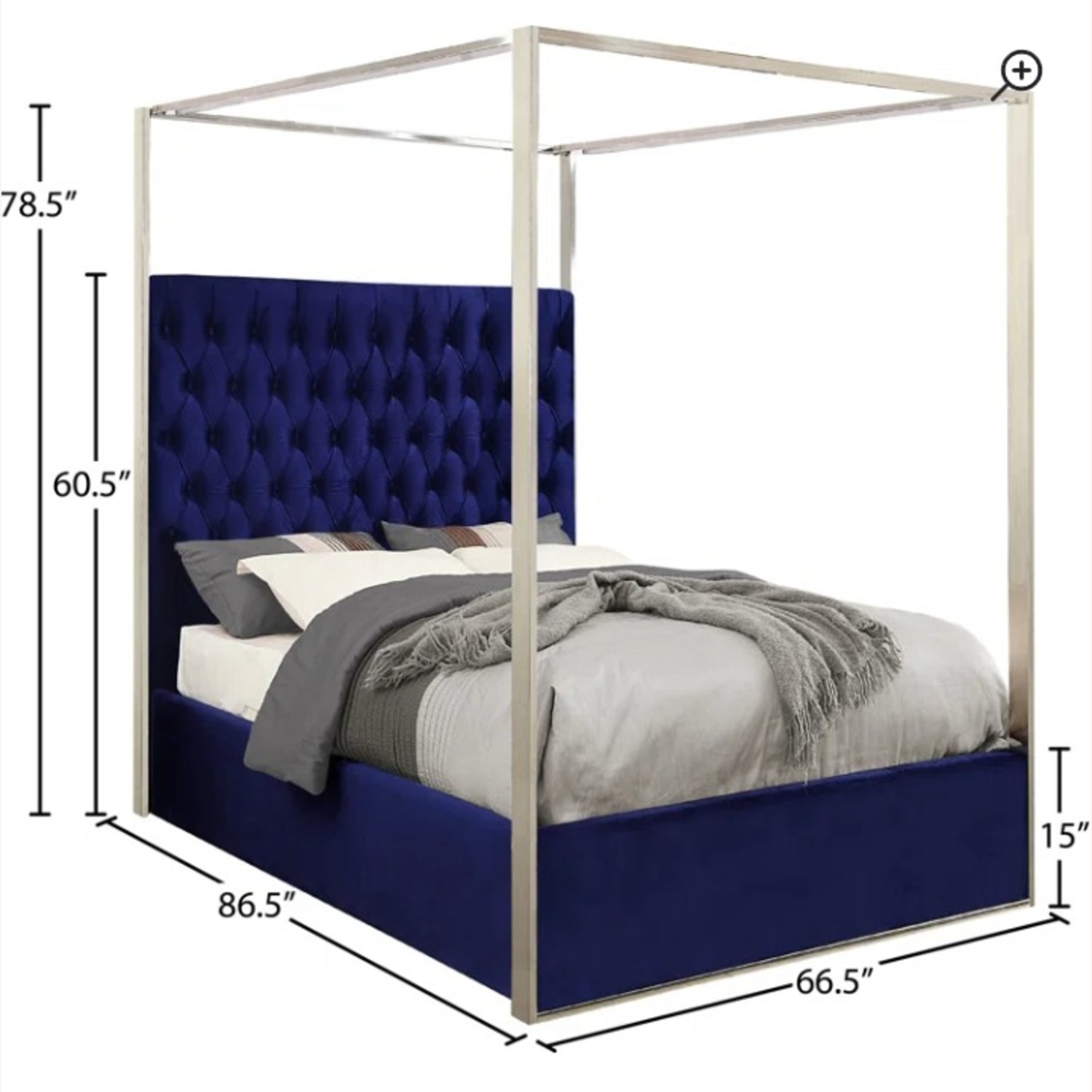 Evelyn Quinn Queen Size Canopy Chrome & Velvet Bed Frame - image-2