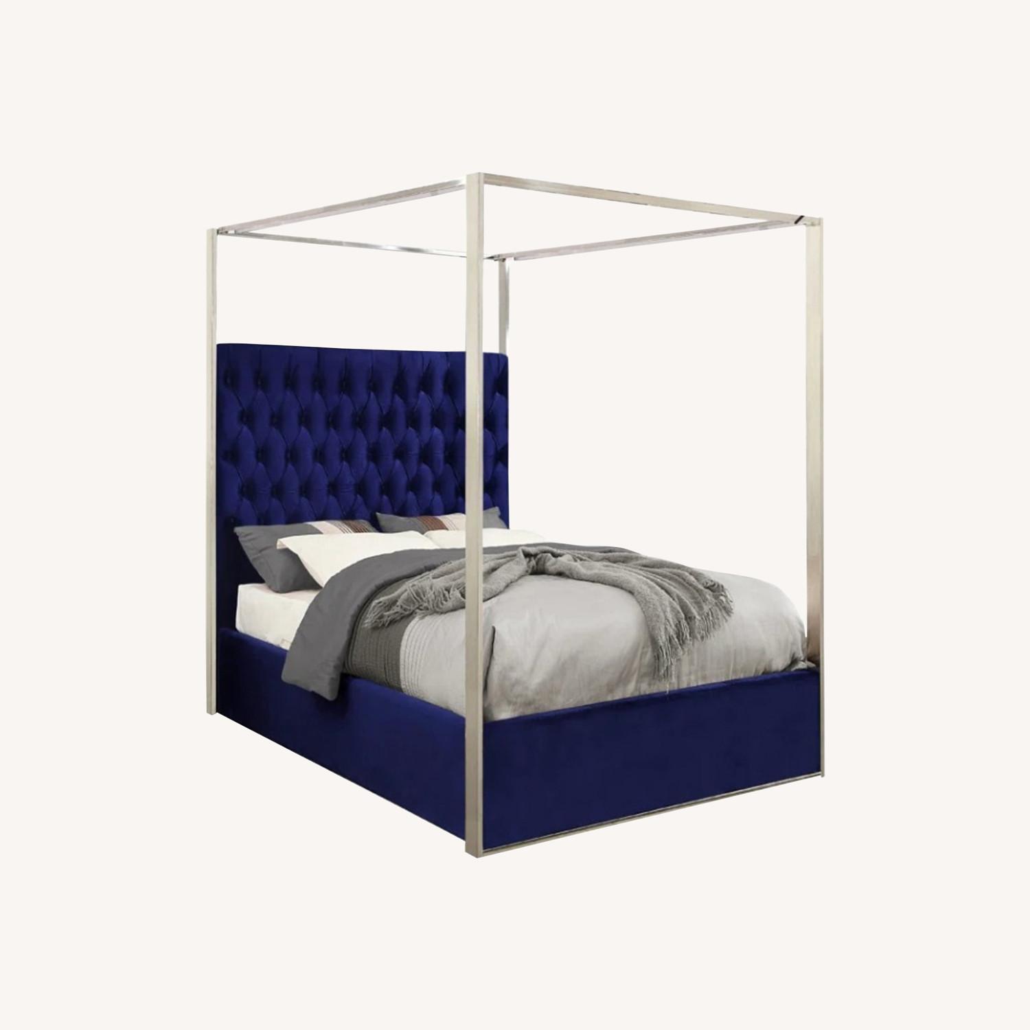 Evelyn Quinn Queen Size Canopy Chrome & Velvet Bed Frame - image-0