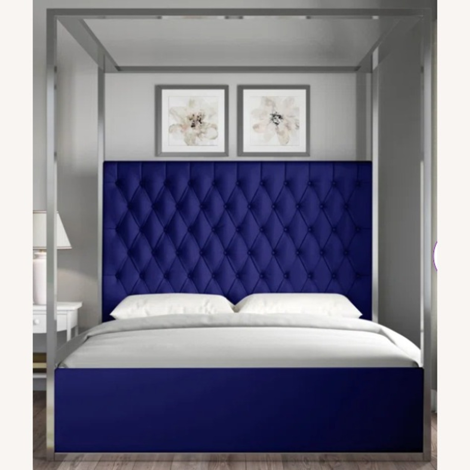 Evelyn Quinn Queen Size Canopy Chrome & Velvet Bed Frame - image-8