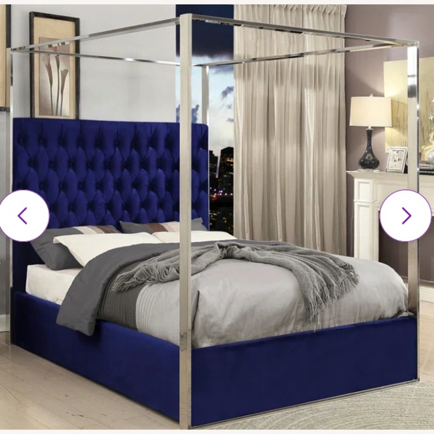 Evelyn Quinn Queen Size Canopy Chrome & Velvet Bed Frame - image-7