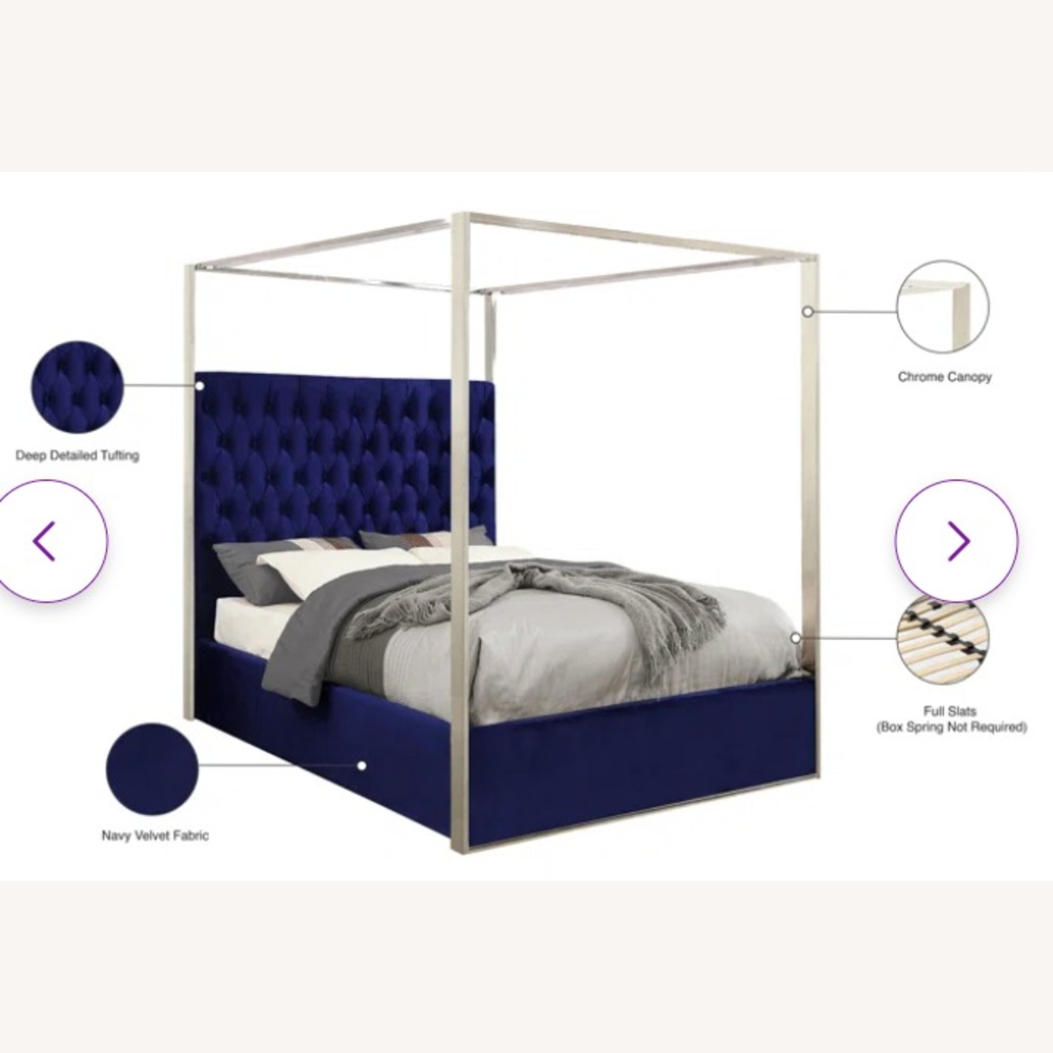 Evelyn Quinn Queen Size Canopy Chrome & Velvet Bed Frame - image-3