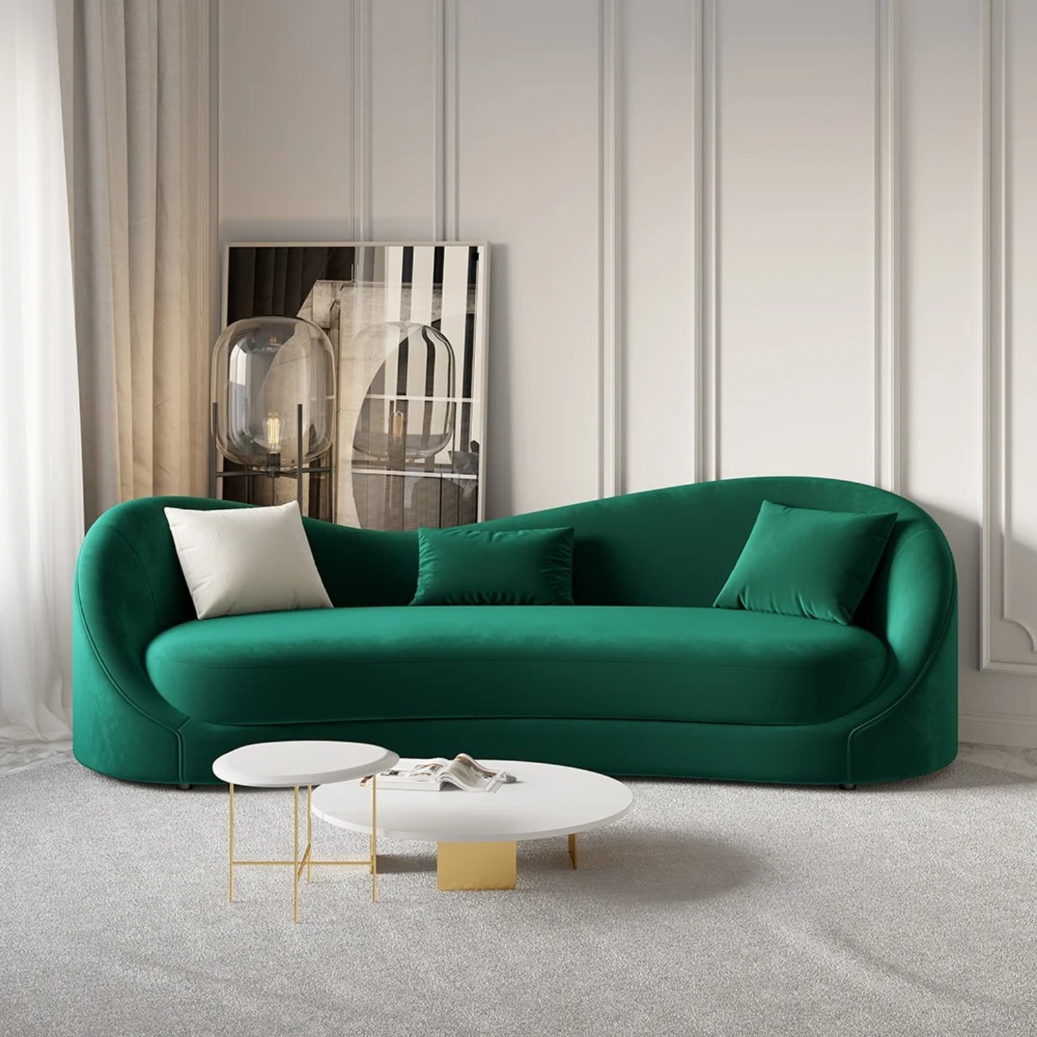Green Velvet Curved 3-Seat Sofa - image-1