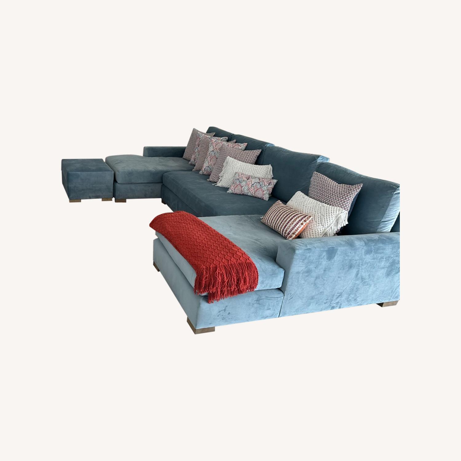 Pottery Barn Blue Velvet Modula Sofa and Footstool - image-0