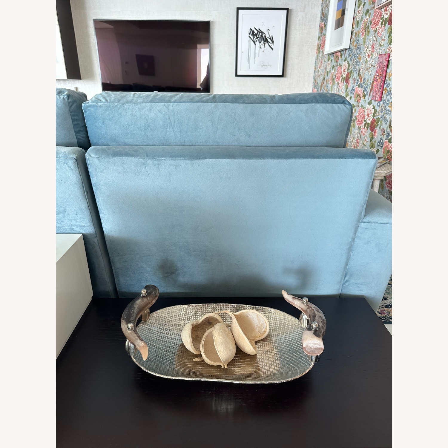 Pottery Barn Blue Velvet Modula Sofa and Footstool - image-3