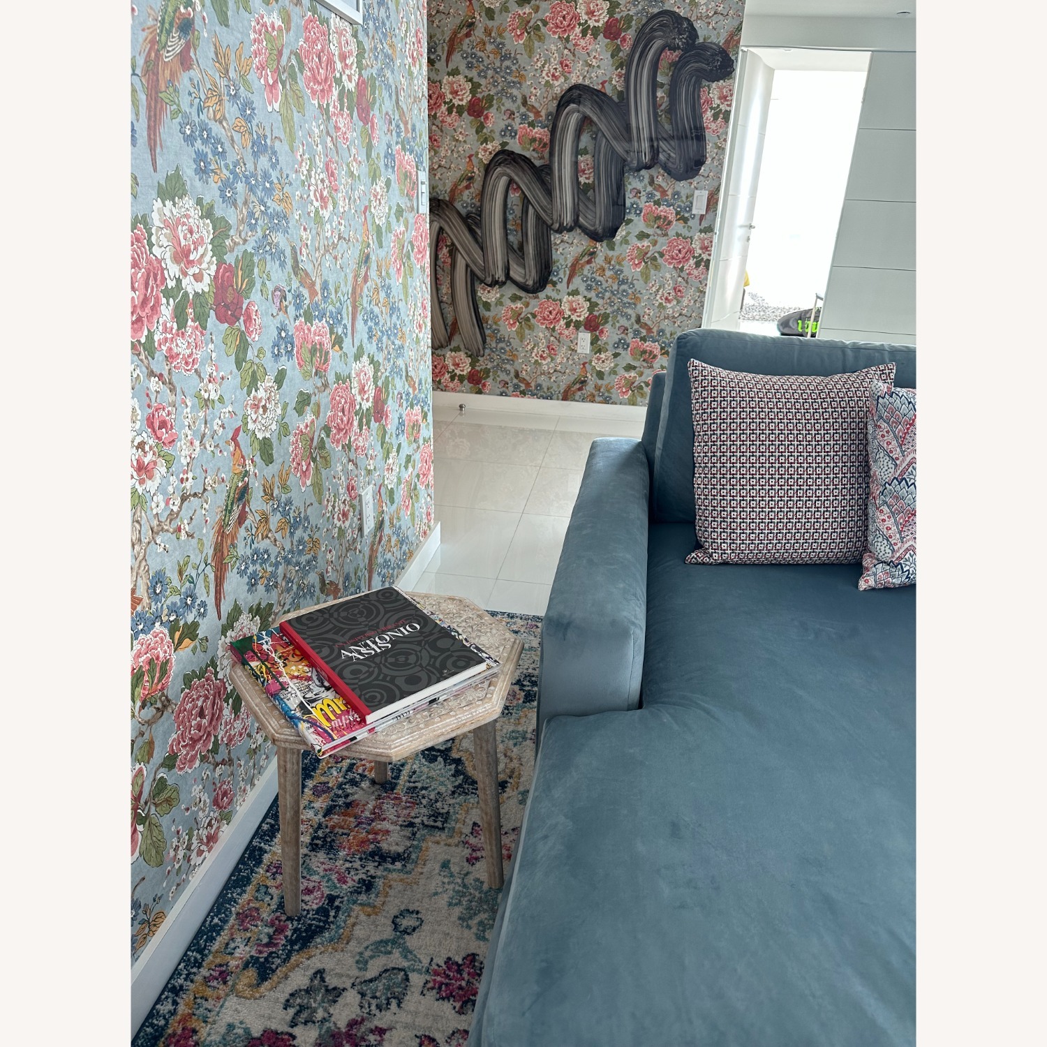 Pottery Barn Blue Velvet Modula Sofa and Footstool - image-2