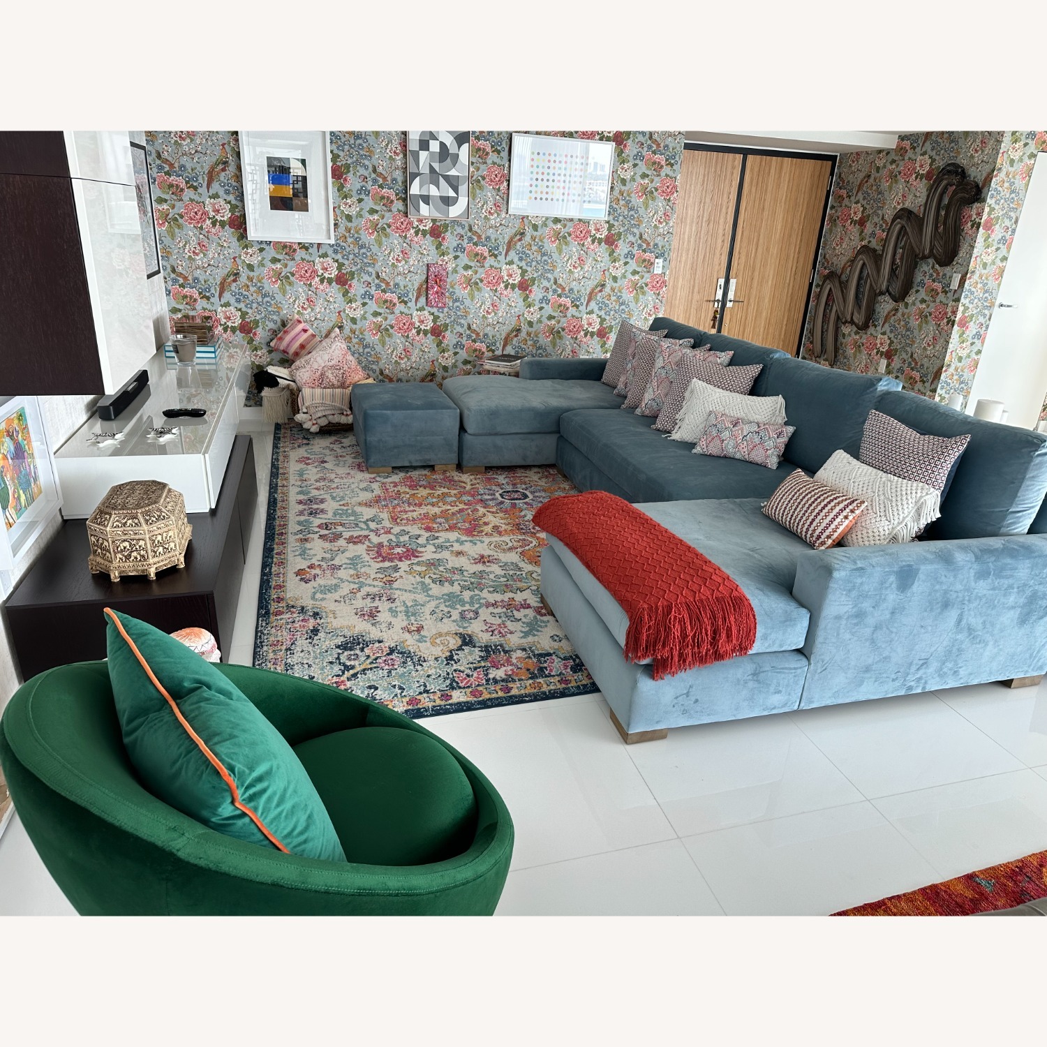 Pottery Barn Blue Velvet Modula Sofa and Footstool - image-1