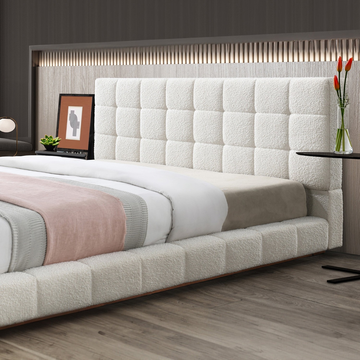 Hughes King Ivory Boucle Platform Bed - image-3