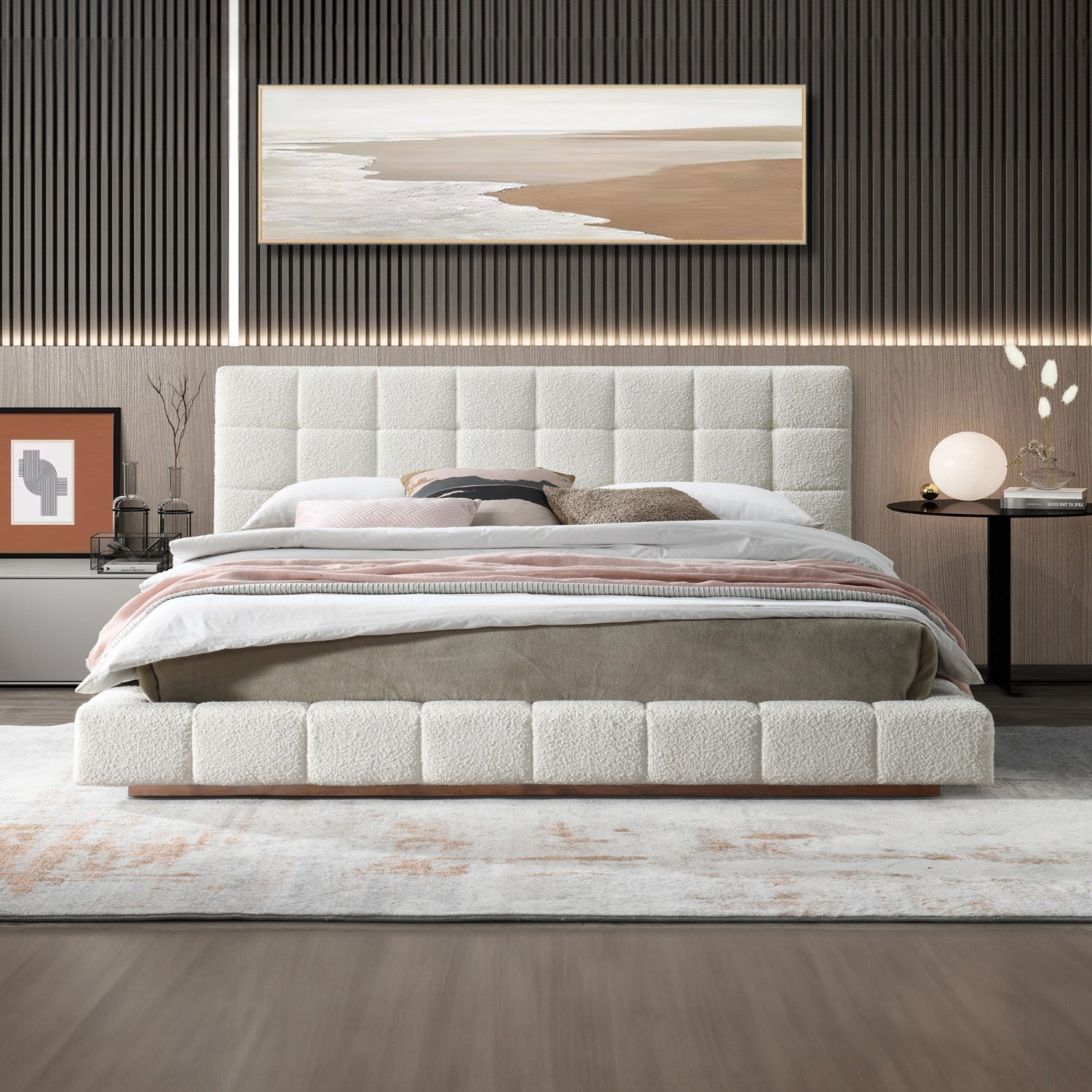 Hughes King Ivory Boucle Platform Bed - image-2