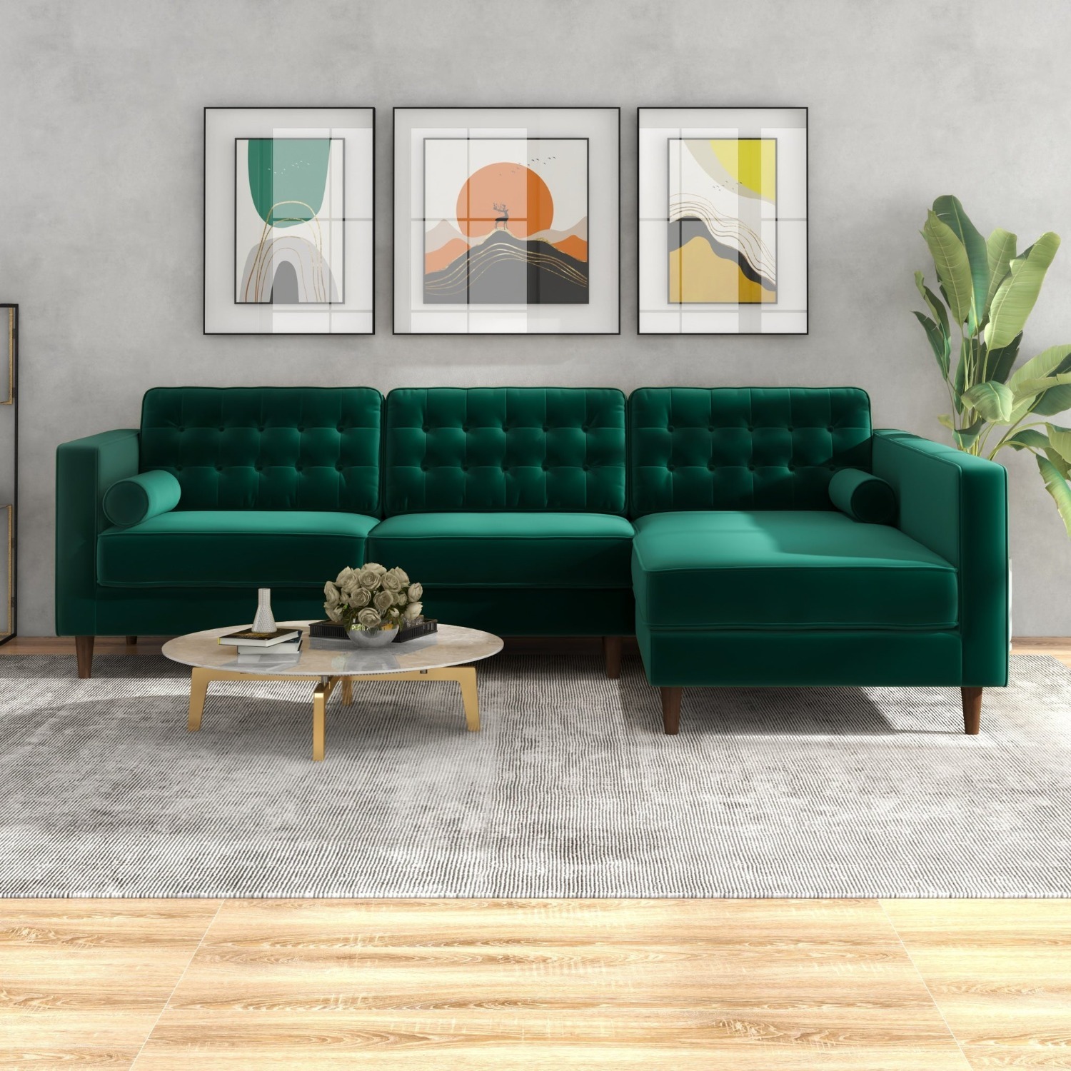 Olson Green Velvet Sectional Sofa Right Chaise - image-0