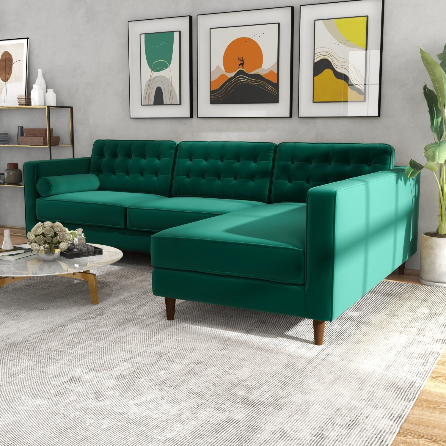Olson Green Velvet Sectional Sofa Right Chaise - image-1