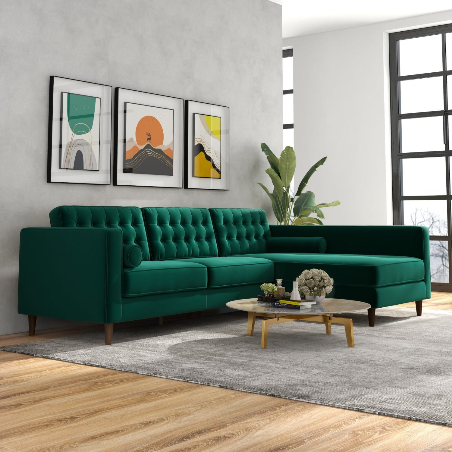Olson Green Velvet Sectional Sofa Right Chaise - image-2