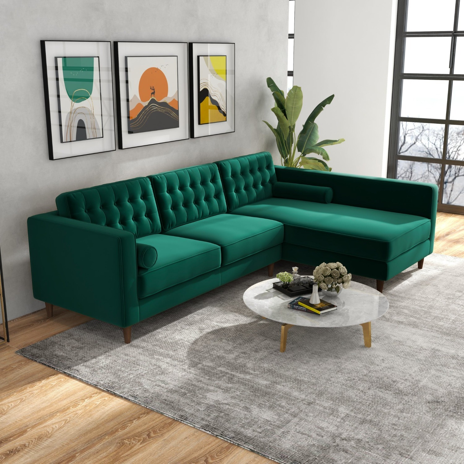 Olson Green Velvet Sectional Sofa Right Chaise - image-5