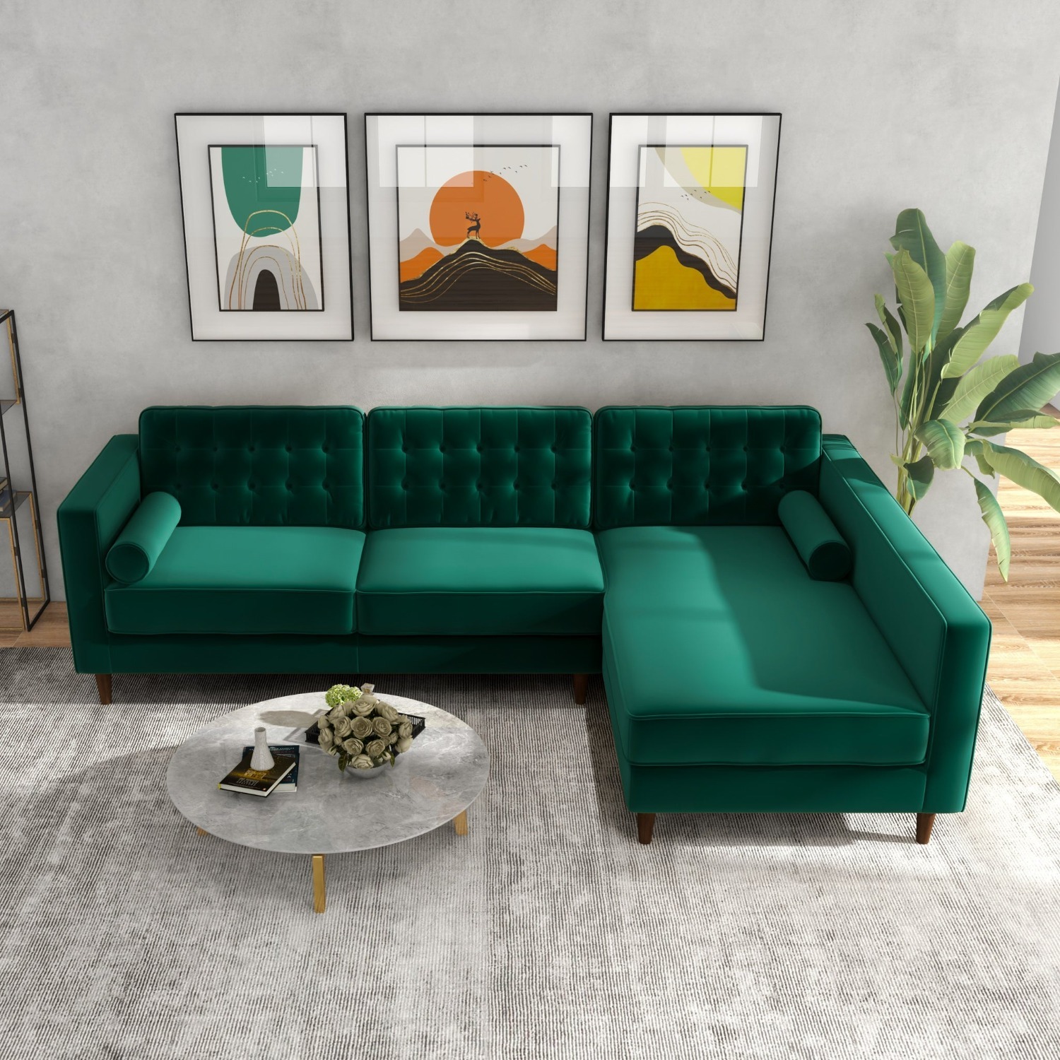 Olson Green Velvet Sectional Sofa Right Chaise - image-3