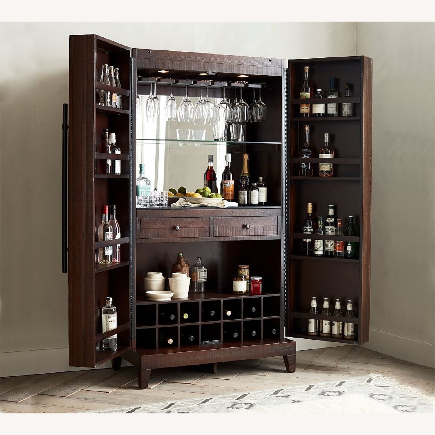 Pottery Barn Mahogany Bar Cabinet with Lights - image-0